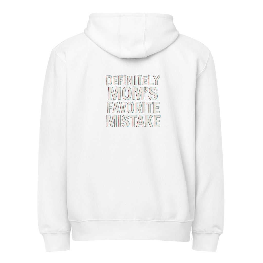 Definitely Mom’s Favorite Mistake - Sarcastic Hoodie | PureSarcasm in Zip Hoodie White - Back View | Sarcastic Hoodie | PureSarcasm