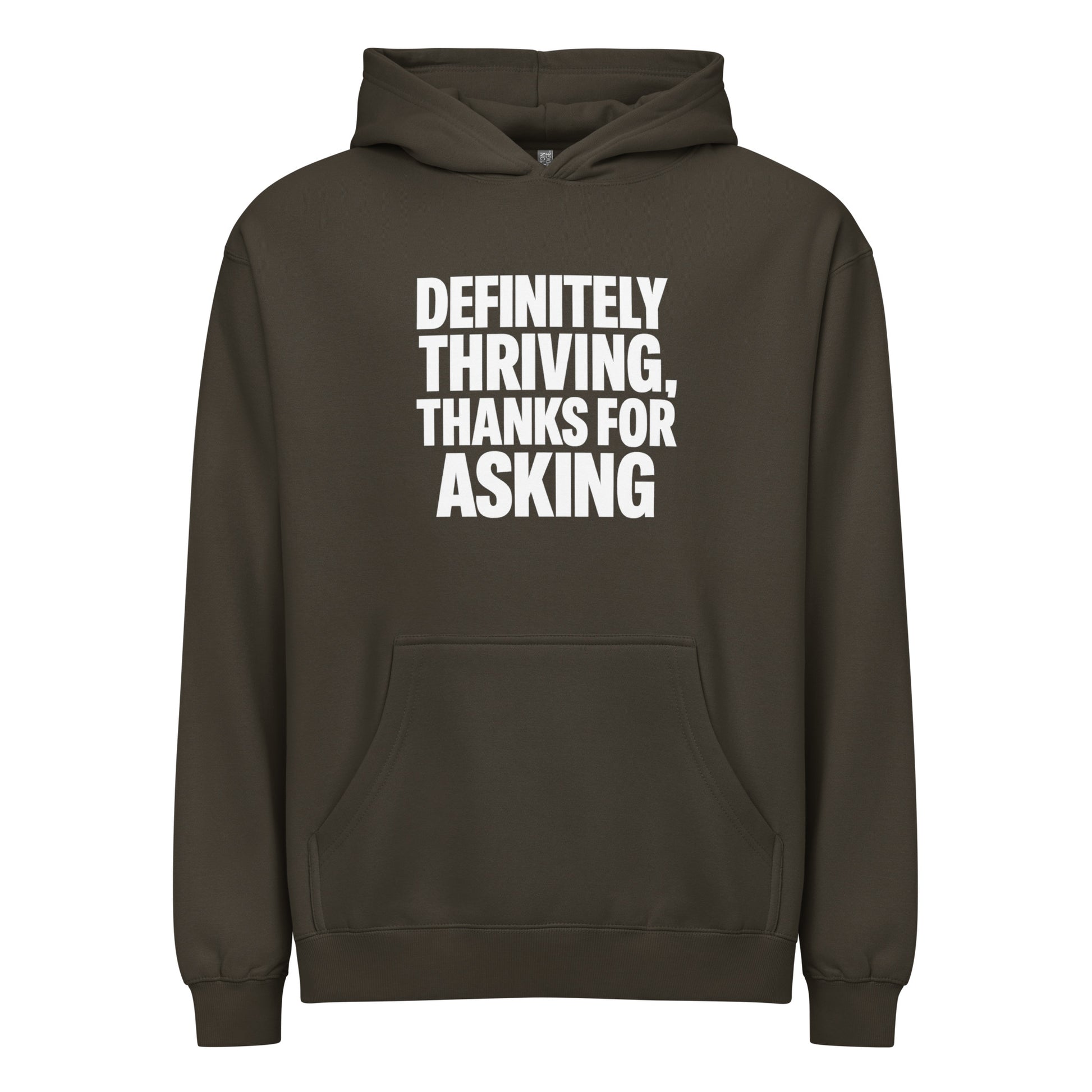 Definitely Thriving, Thanks For Asking sarcastic hoodie - vintage black, front view