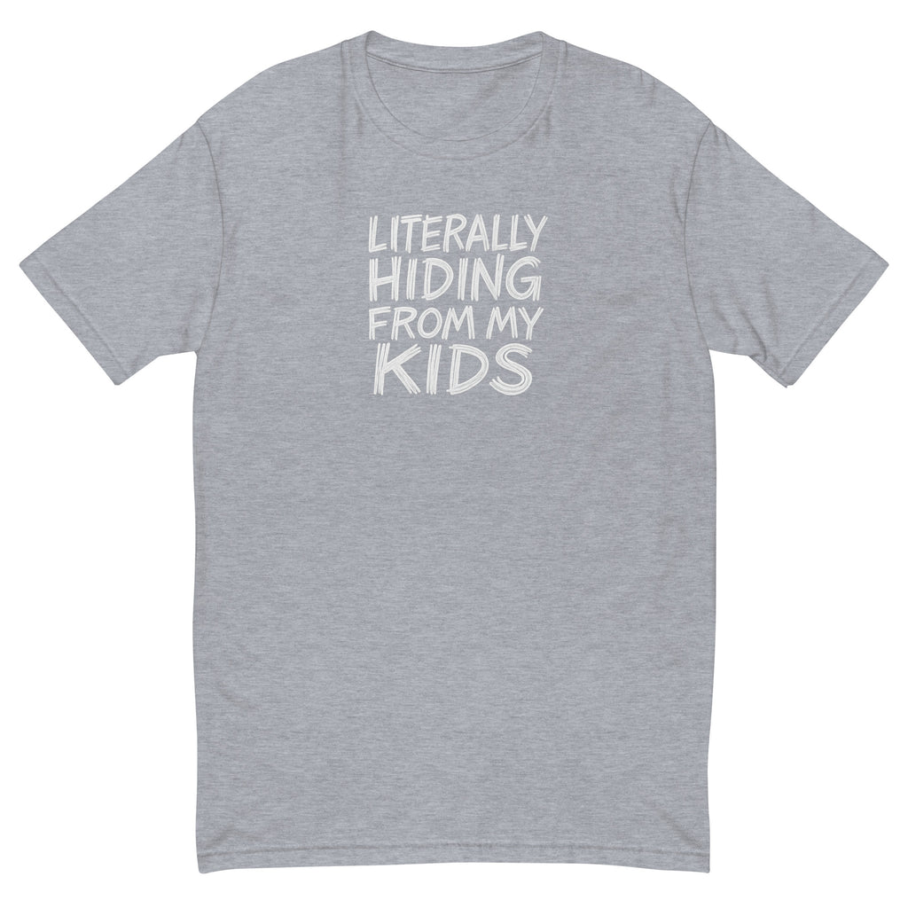 Literally Hiding from My Kids sarcastic tumbler - heather grey, front view