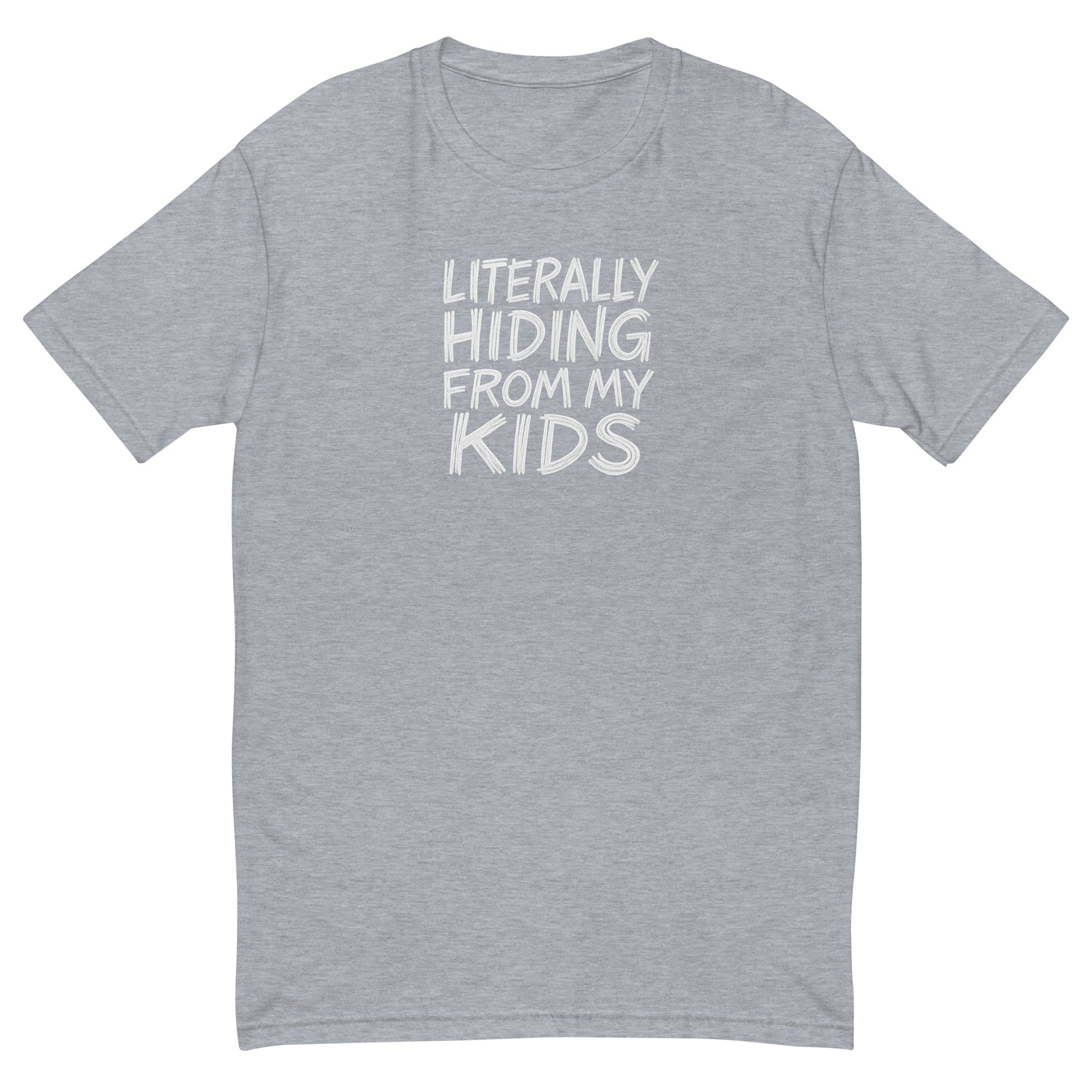 Literally Hiding from My Kids sarcastic tumbler - heather grey, front view