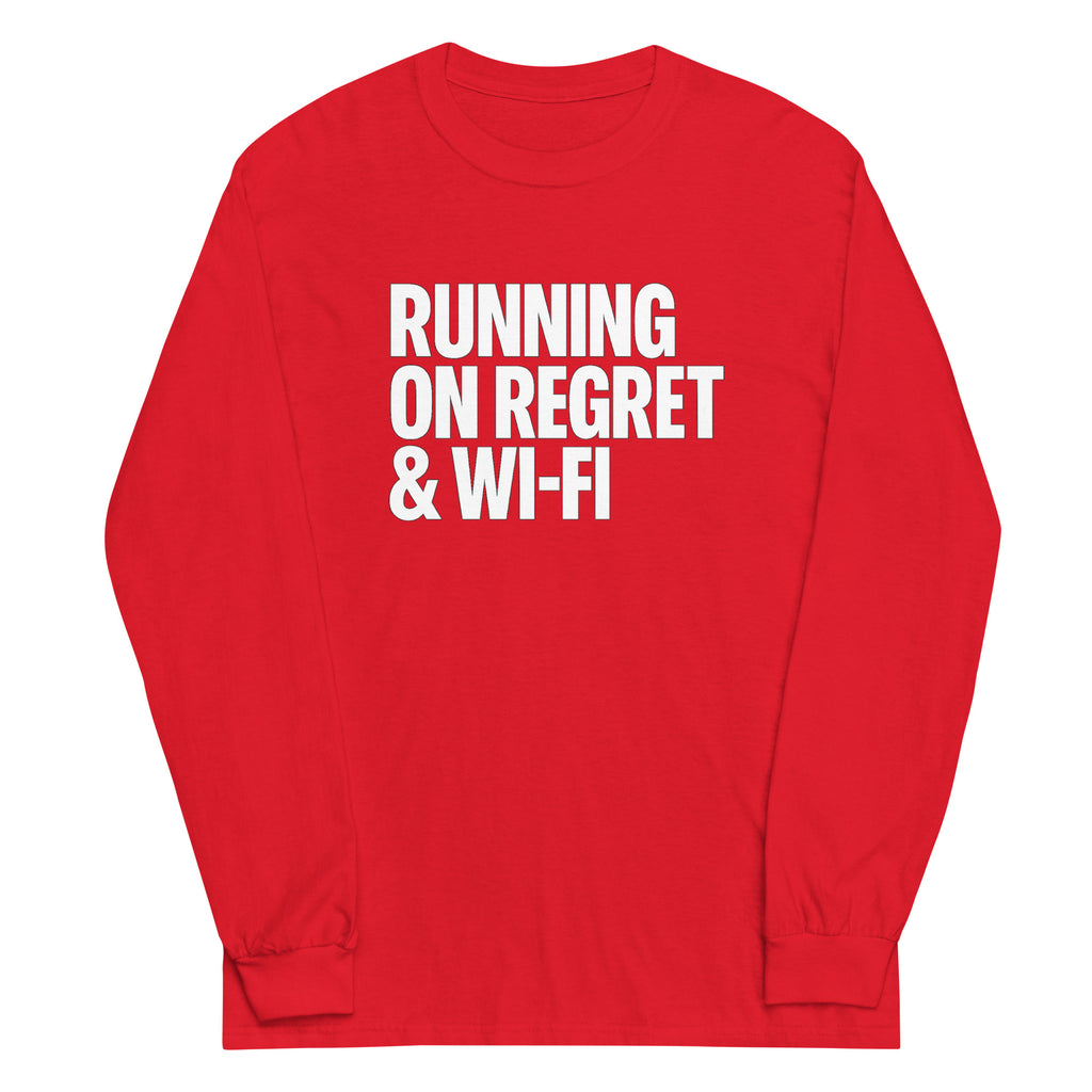 Running on Regret & Wi-Fi - Sarcastic Long Sleeve Shirt in Sleeve Shirt Red - Front View | Sarcastic Long sleeve | PureSarcasm