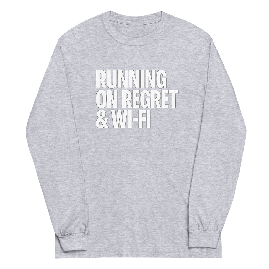 Running on Regret & Wi-Fi - Sarcastic Long Sleeve Shirt in Shirt Sport Grey - Front View | Sarcastic Long sleeve | PureSarcasm