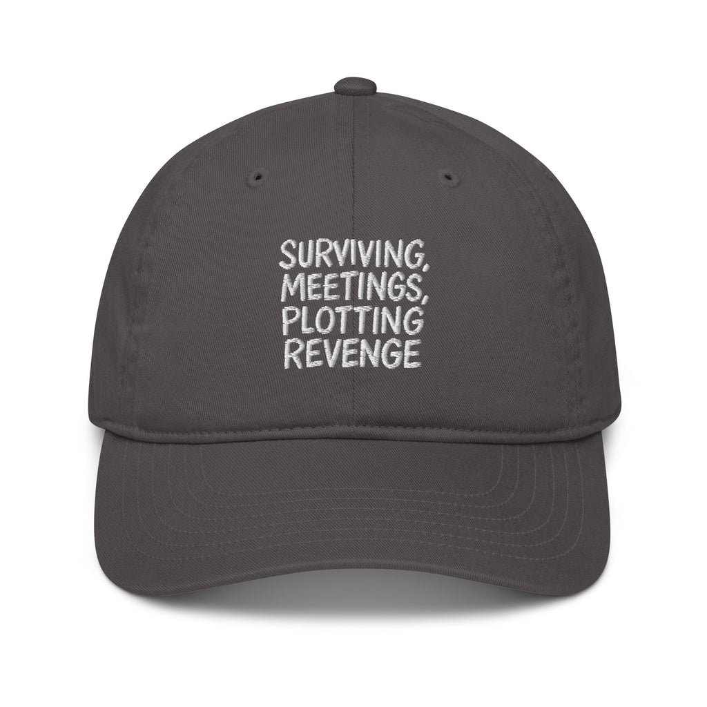 Surviving Meetings, Plotting Revenge - Sarcastic Hat in Baseball Cap Charcoal - Front View | Sarcastic Hat | PureSarcasm