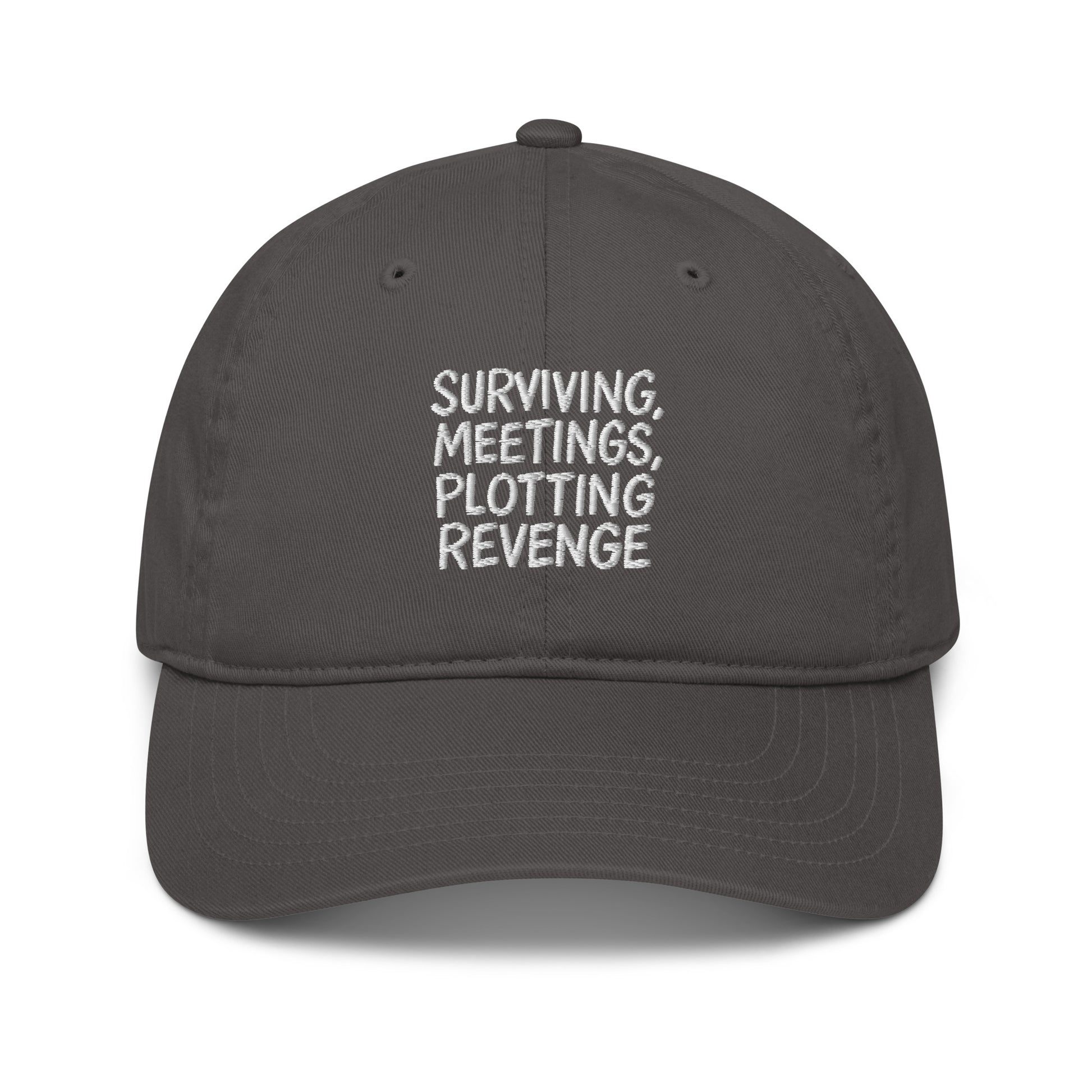 Surviving Meetings, Plotting Revenge - Sarcastic Hat in Baseball Cap Charcoal - Front View | Sarcastic Hat | PureSarcasm