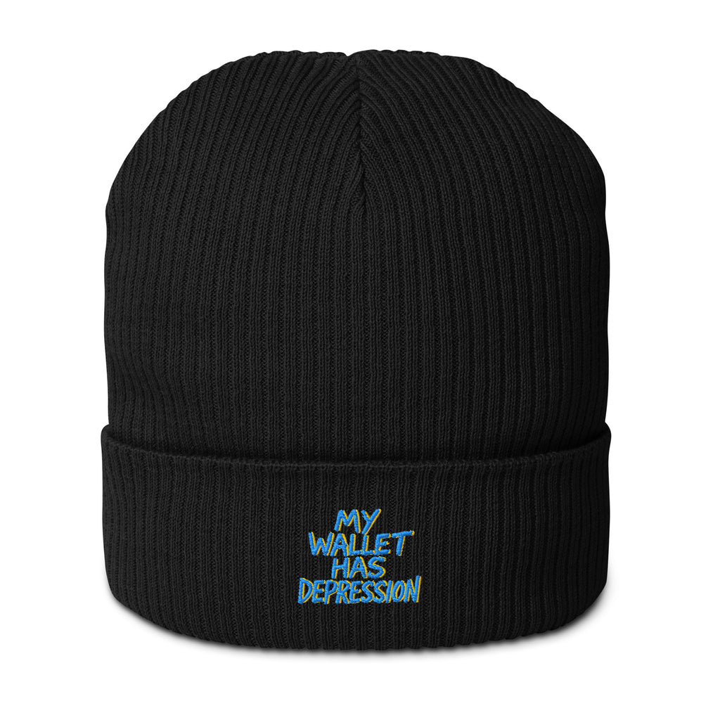 My Wallet Has Depression - Sarcastic Beanie | PureSarcasm in Ribbed Beanie Black - Front View | Sarcastic Beanie | PureSarcasm