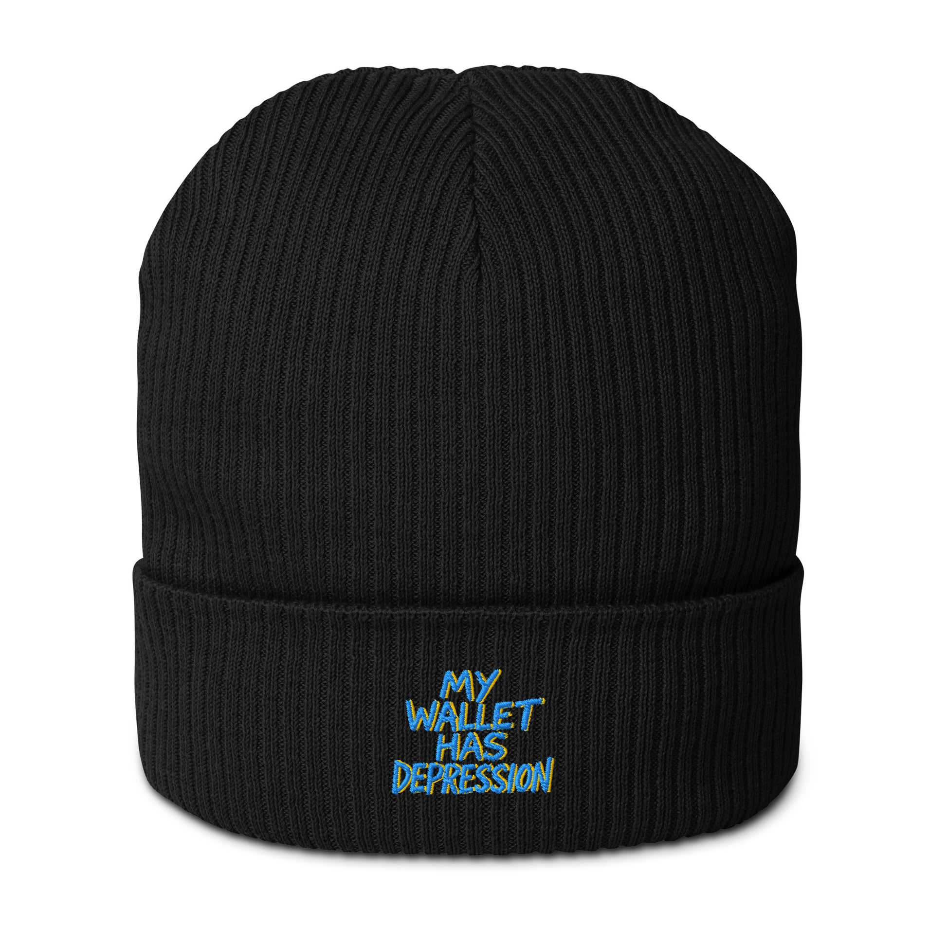 My Wallet Has Depression - Sarcastic Beanie | PureSarcasm in Ribbed Beanie Black - Front View | Sarcastic Beanie | PureSarcasm