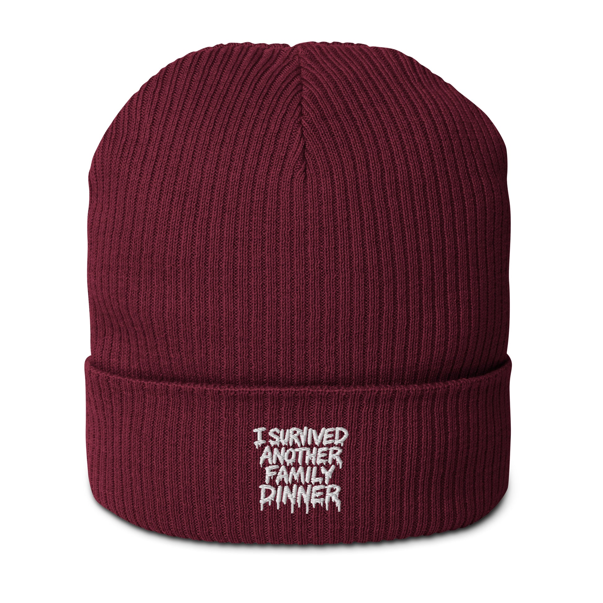 I Survived Another Family Dinner - Sarcastic Beanie | PureSarcasm in Ribbed Beanie Burgundy - Front View | Sarcastic Beanie | PureSarcasm