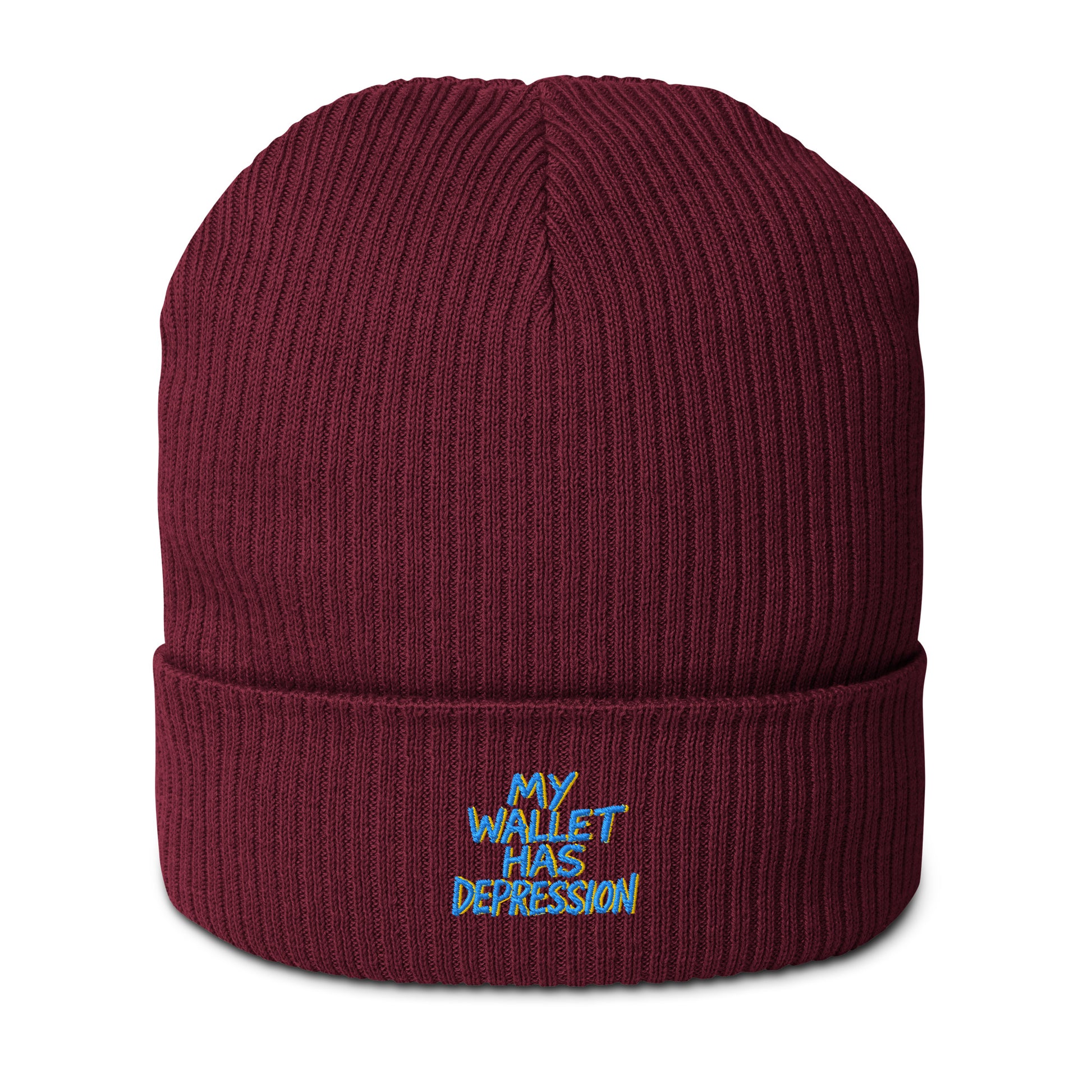 My Wallet Has Depression - Sarcastic Beanie | PureSarcasm in Ribbed Beanie Burgundy - Front View | Sarcastic Beanie | PureSarcasm