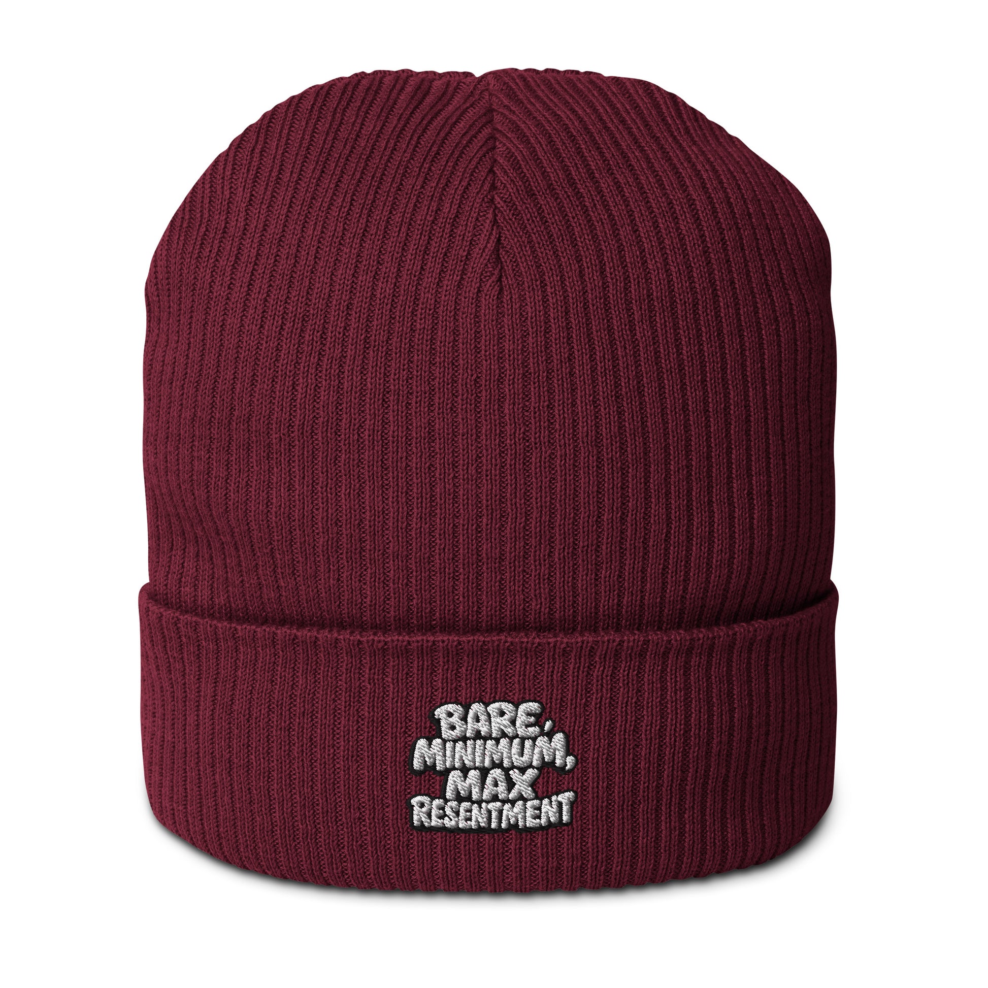 Bare Minimum, Max Resentment - Sarcastic Beanie in Ribbed Beanie Burgundy - Front View | Sarcastic Beanie | PureSarcasm