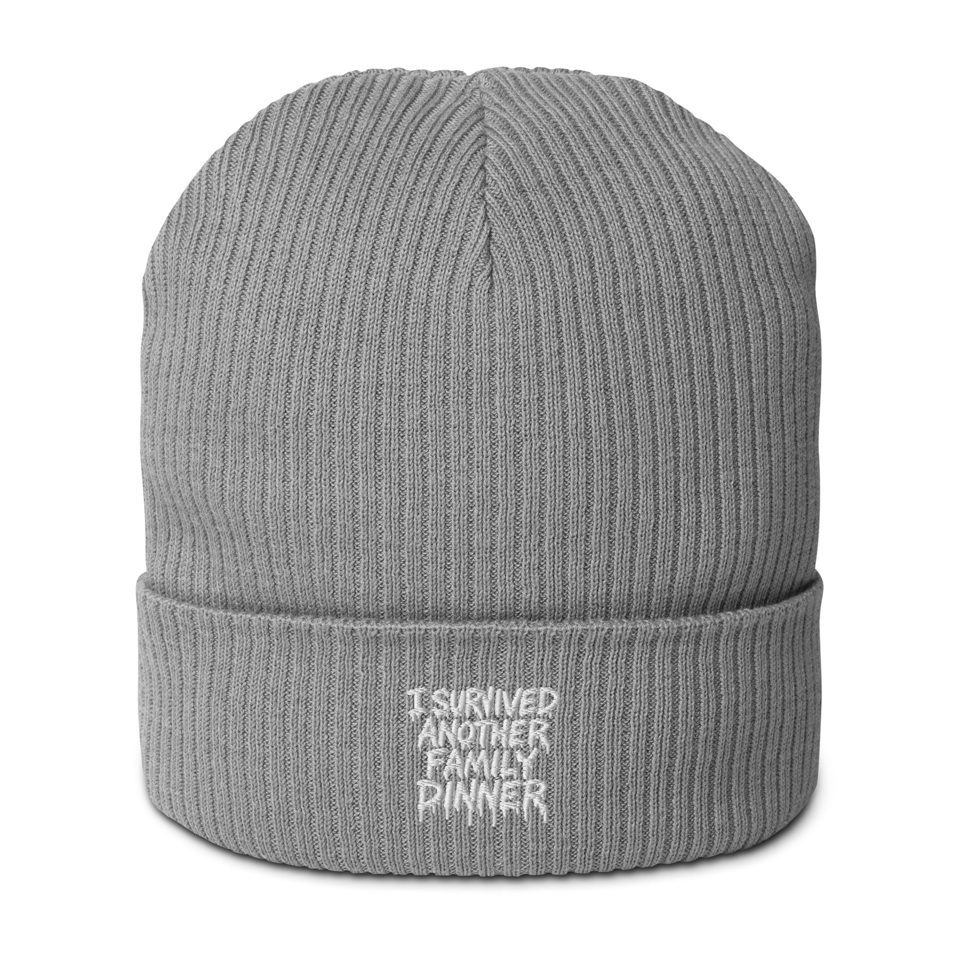 I Survived Another Family Dinner - Sarcastic Beanie | PureSarcasm in Beanie Light Grey - Front View | Sarcastic Beanie | PureSarcasm