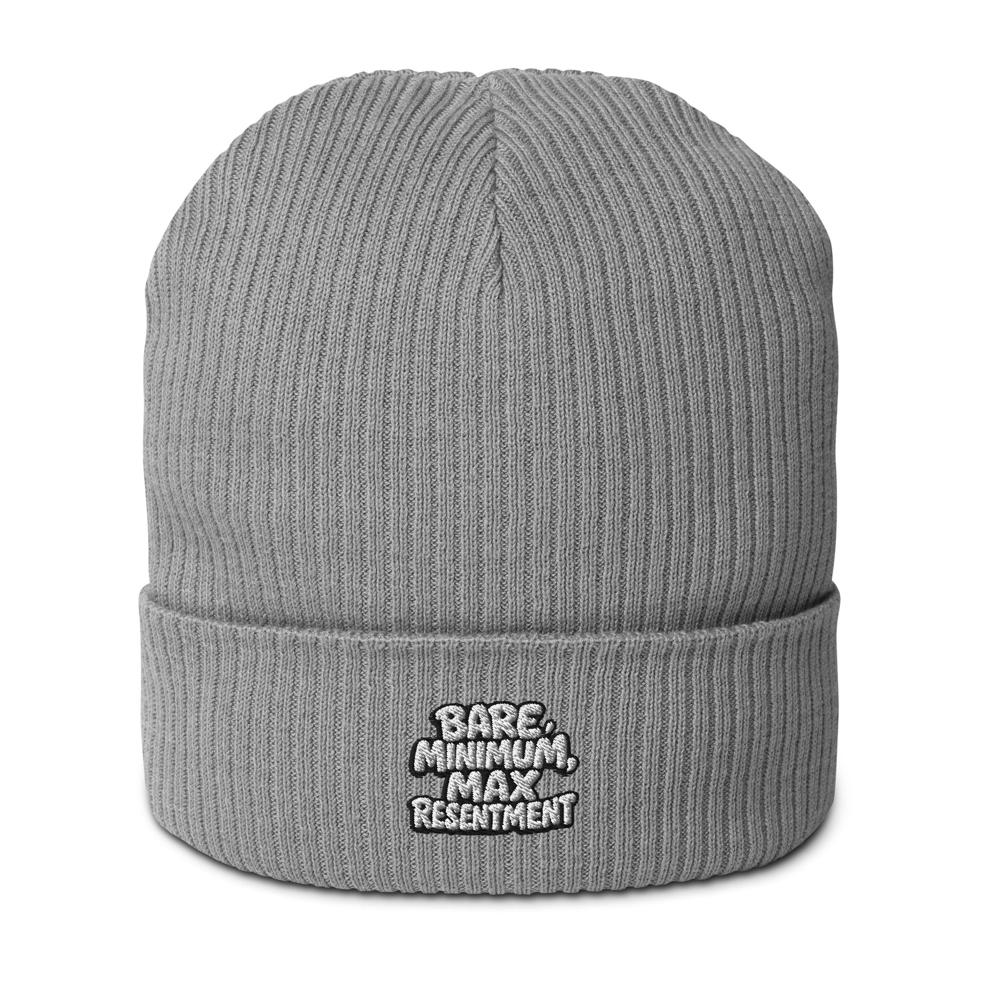 Bare Minimum, Max Resentment - Sarcastic Beanie in Beanie Light Grey - Front View | Sarcastic Beanie | PureSarcasm