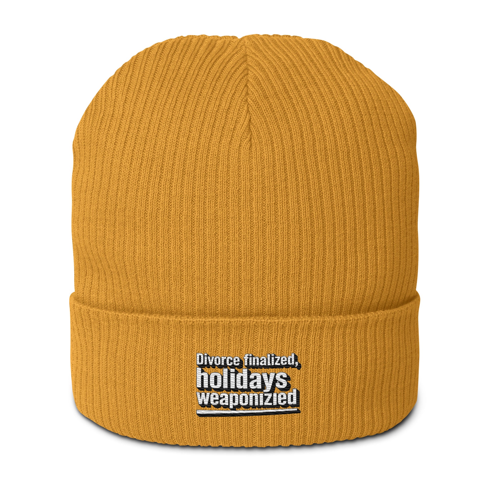 Divorce finalized, holidays weaponized - Sarcastic Beanie | PureSarcasm in Beanie Mustard Yellow - Front View | Sarcastic Hat | PureSarcasm