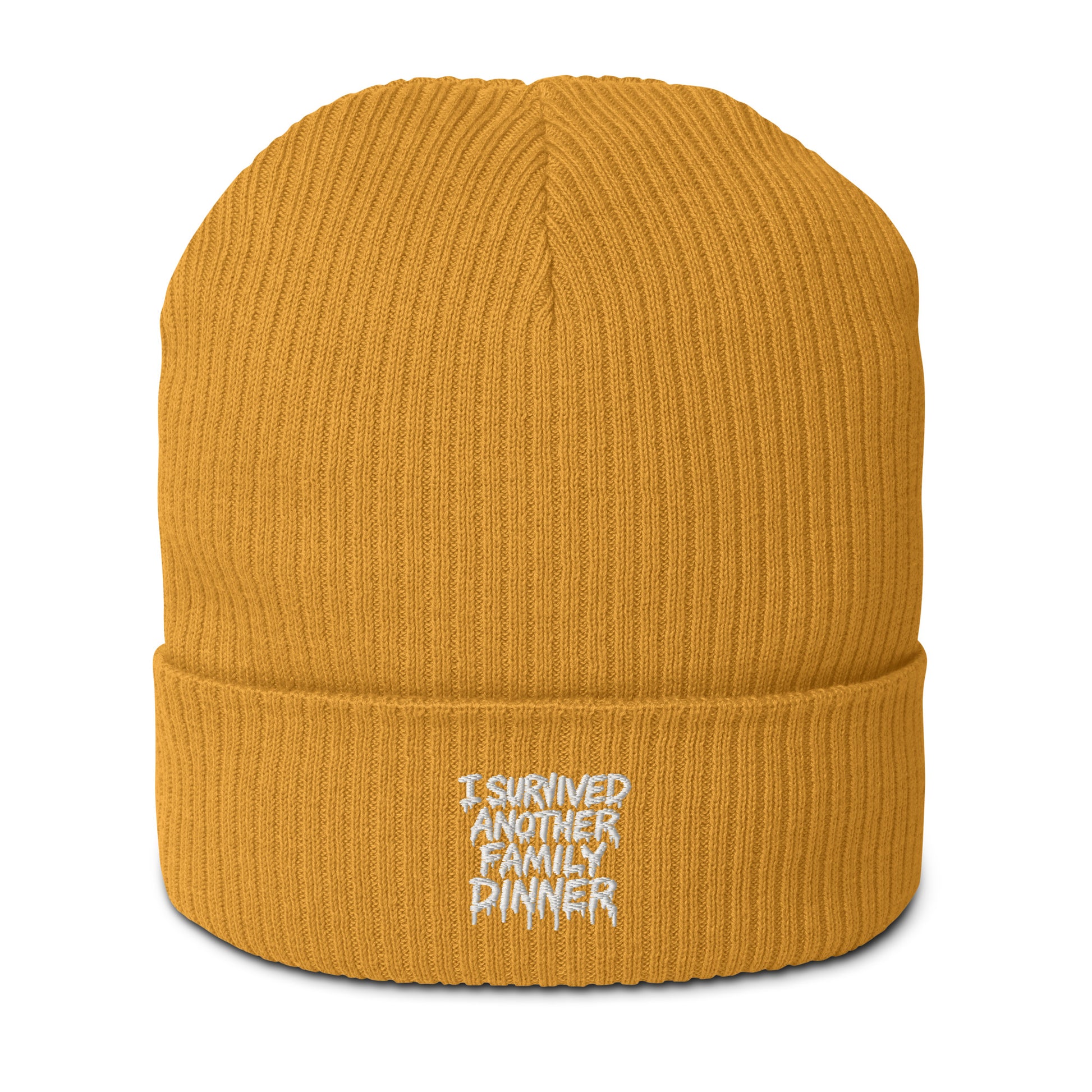 I Survived Another Family Dinner - Sarcastic Beanie | PureSarcasm in Beanie Mustard Yellow - Front View | Sarcastic Beanie | PureSarcasm
