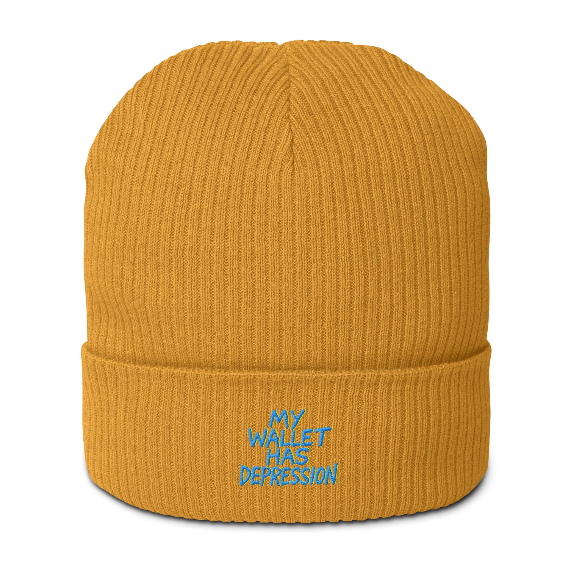 My Wallet Has Depression - Sarcastic Beanie | PureSarcasm in Beanie Mustard Yellow - Front View | Sarcastic Beanie | PureSarcasm