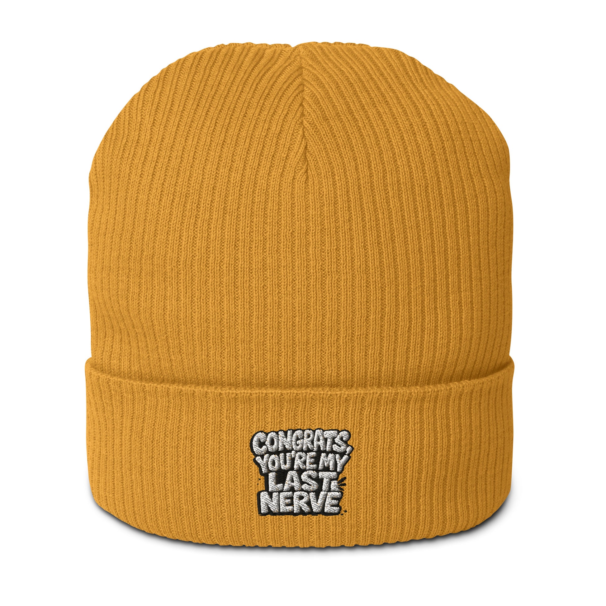 Congrats, You’re My Last Nerve - Sarcastic Beanie in Beanie Mustard Yellow - Front View | Sarcastic Beanie | PureSarcasm