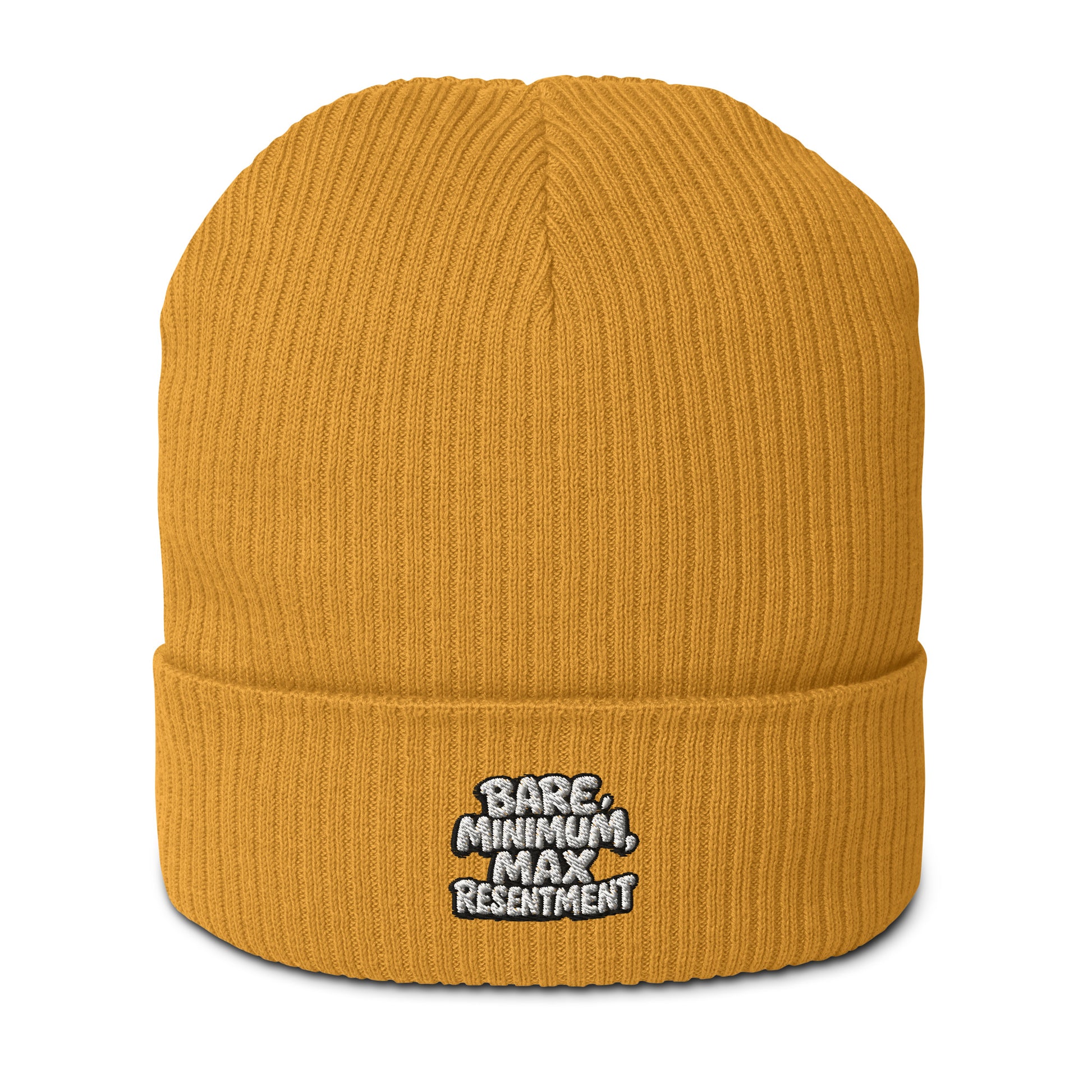 Bare Minimum, Max Resentment - Sarcastic Beanie in Beanie Mustard Yellow - Front View | Sarcastic Beanie | PureSarcasm