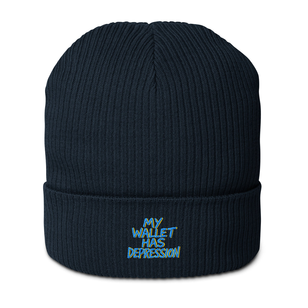 My Wallet Has Depression - Sarcastic Beanie | PureSarcasm in Beanie Oxford Navy - Front View | Sarcastic Beanie | PureSarcasm