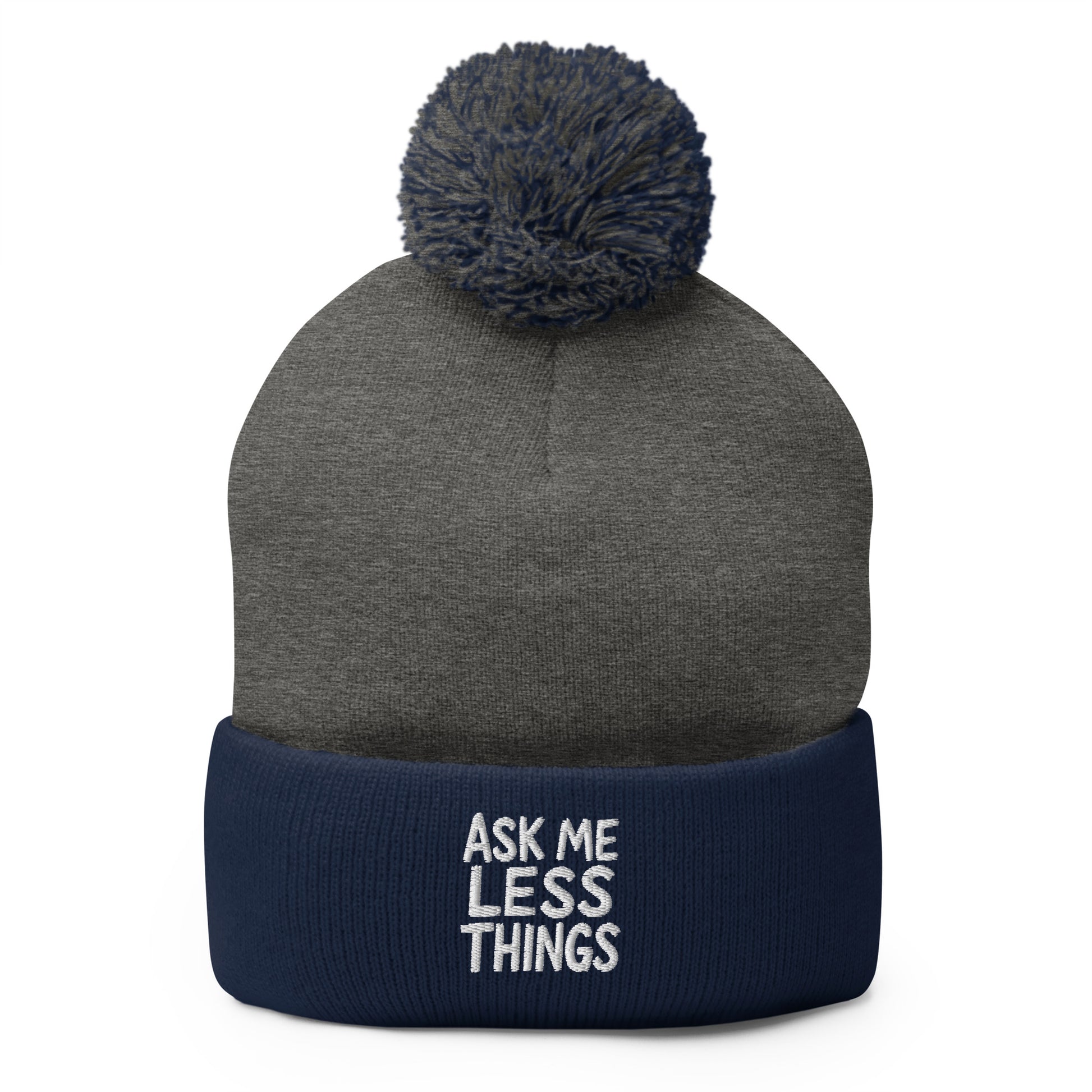 Ask Me Less Things - Sarcastic Beanie in Heather Grey Navy - Front View | Sarcastic Beanie | PureSarcasm