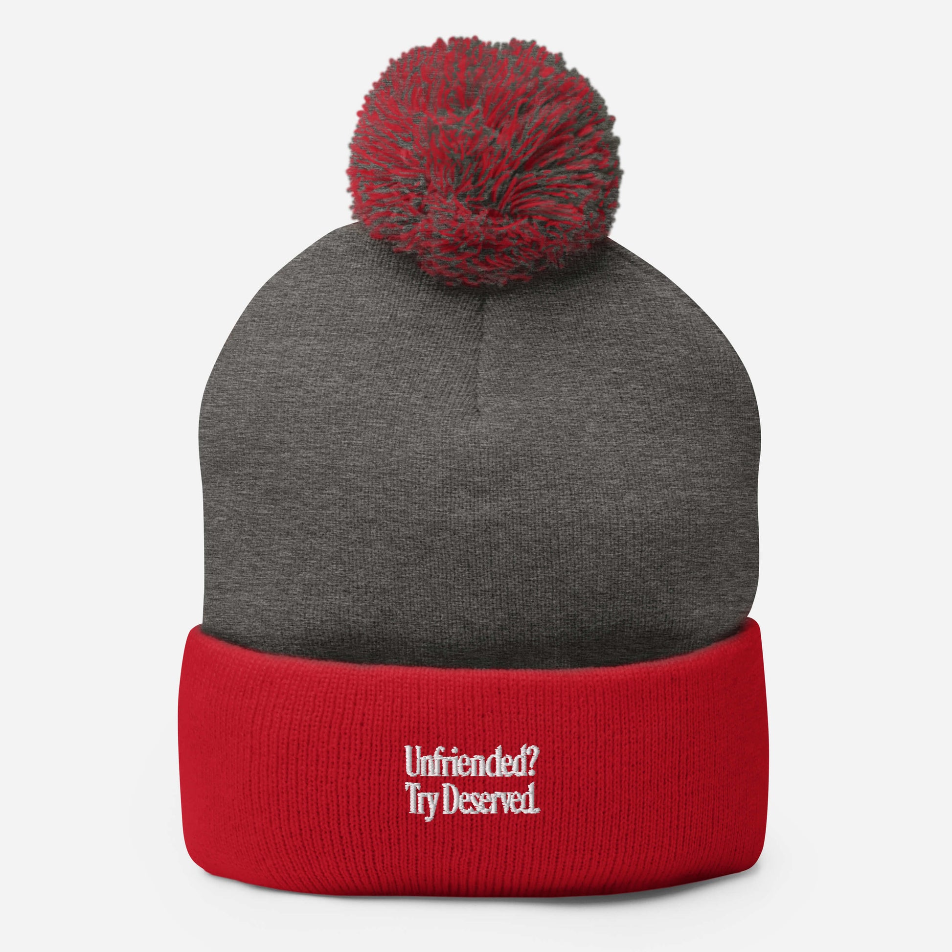 Unfriended? Try Deserved. - Sarcastic Beanie | PureSarcasm in Heather Grey Red - Front View | Sarcastic Beanie | PureSarcasm