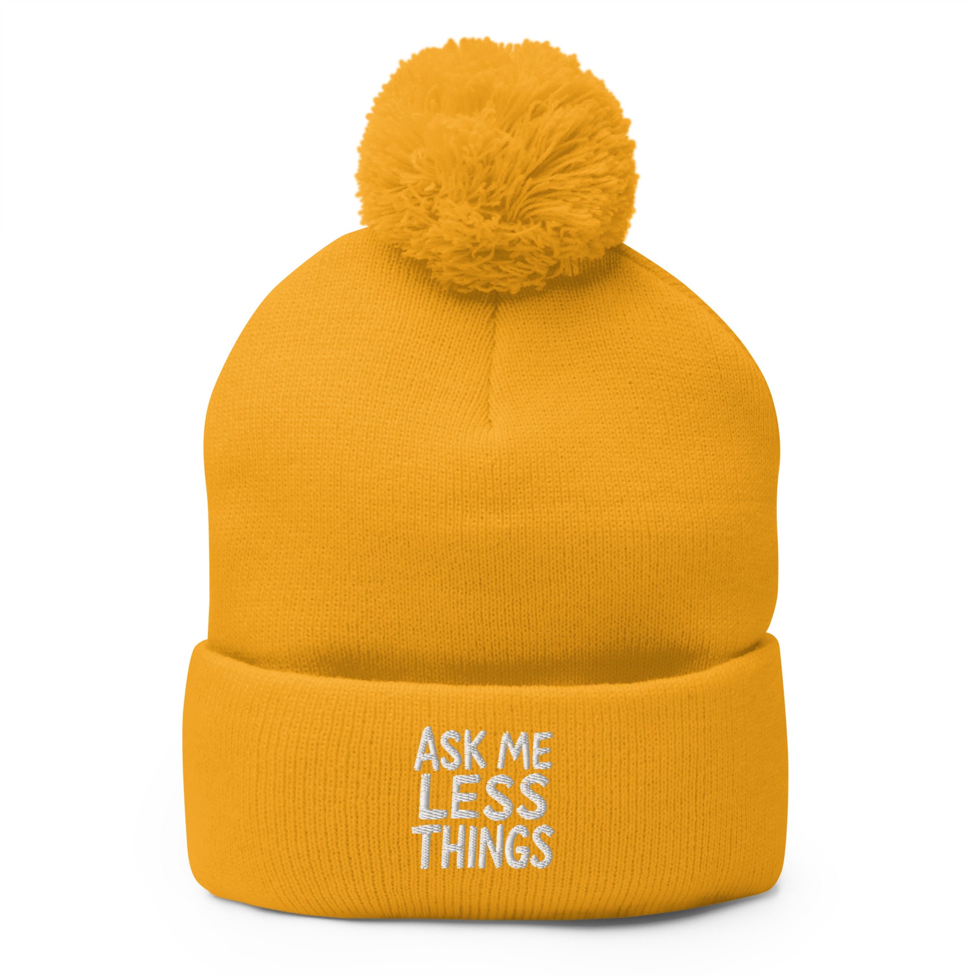 Ask Me Less Things - Sarcastic Beanie in Knit Cap Gold - Front View | Sarcastic Beanie | PureSarcasm