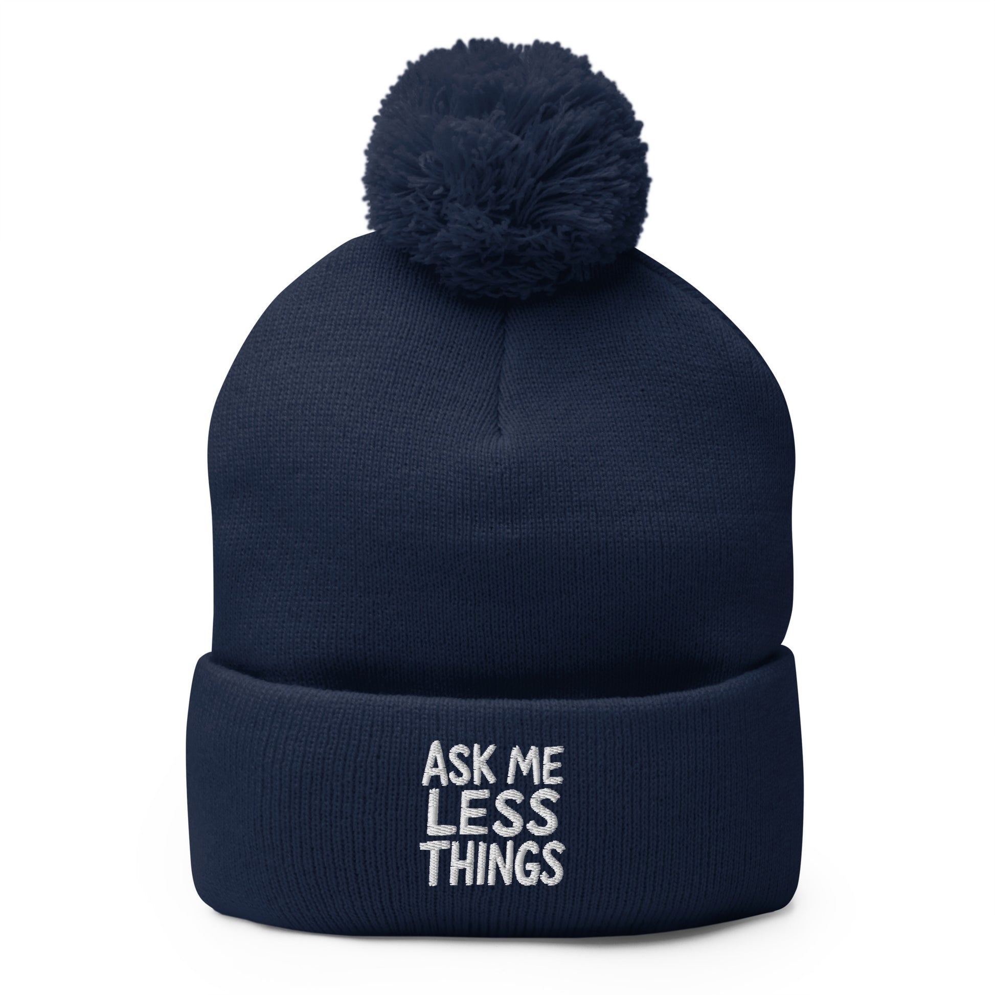 Ask Me Less Things - Sarcastic Beanie in Knit Cap Navy - Front View | Sarcastic Beanie | PureSarcasm