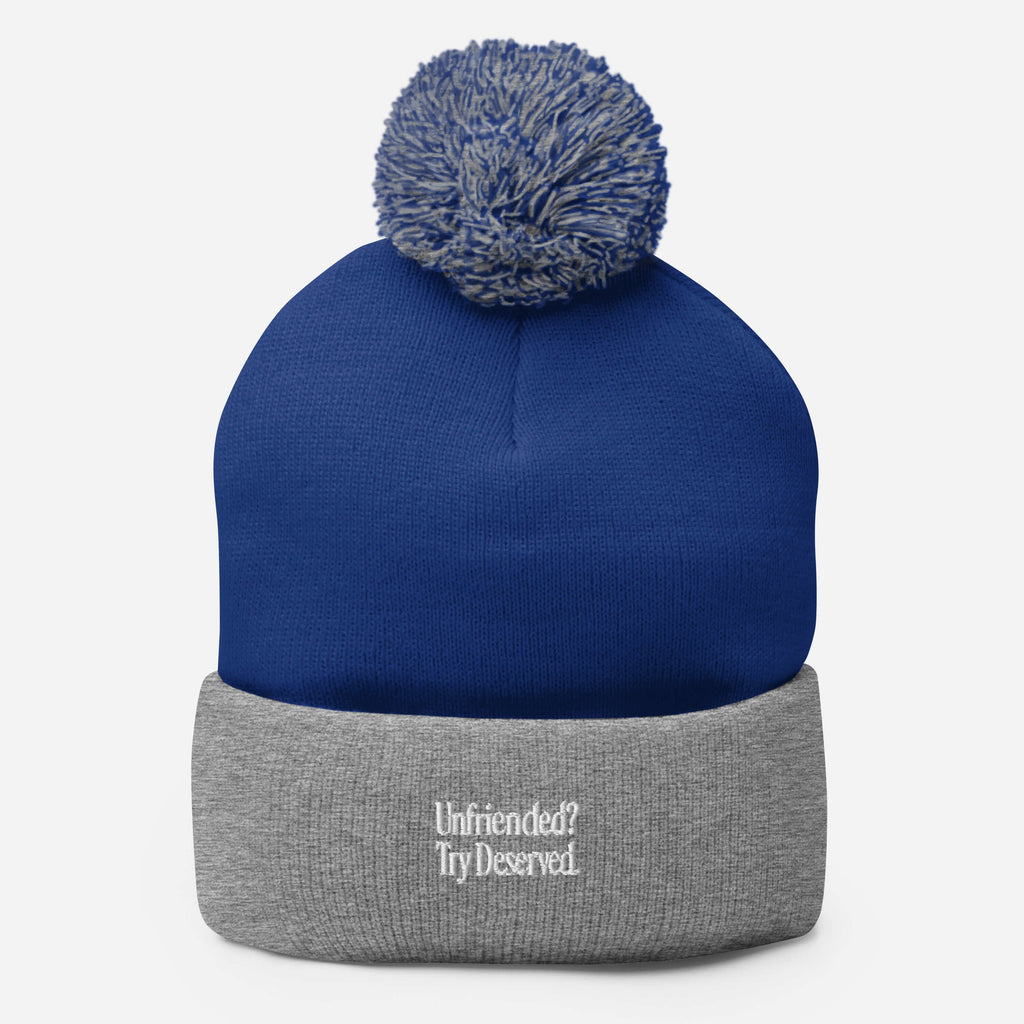 Unfriended? Try Deserved. - Sarcastic Beanie | PureSarcasm in Royal Heather Grey - Front View | Sarcastic Beanie | PureSarcasm