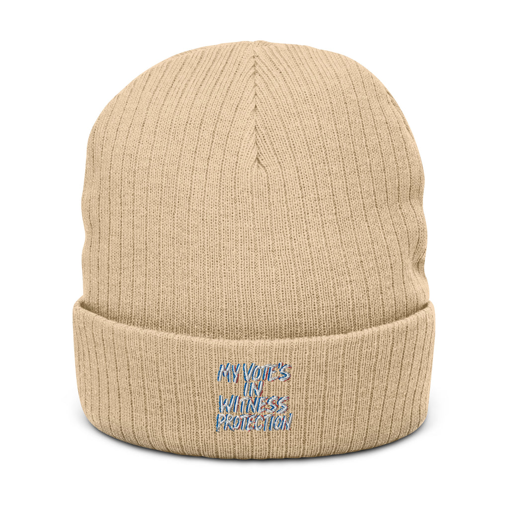 PureSarcasm sarcastic beanie - witness protection - sarcastic | puresarcasm in knit beige, front view