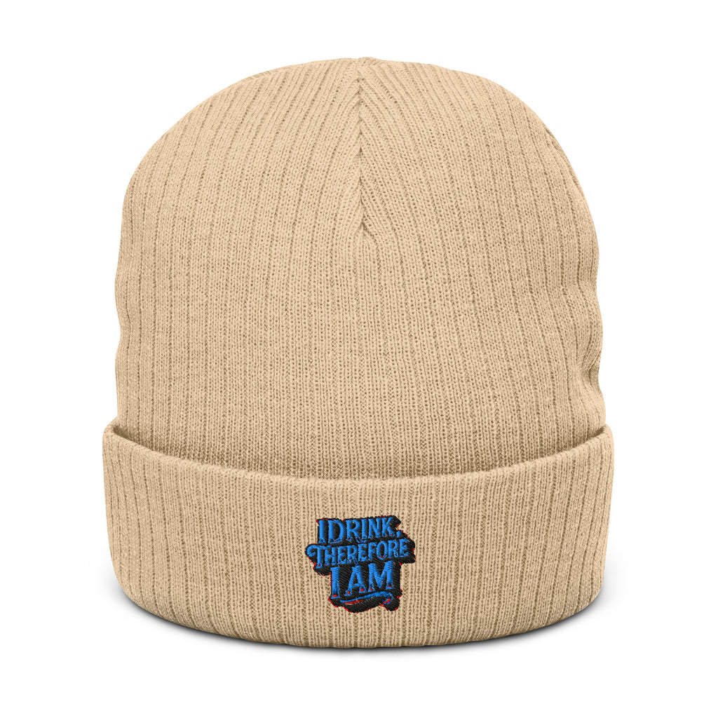 I Drink, Therefore I Am - Sarcastic Beanie | PureSarcasm in Knit Beanie Beige - Front View | Sarcastic Hats | PureSarcasm