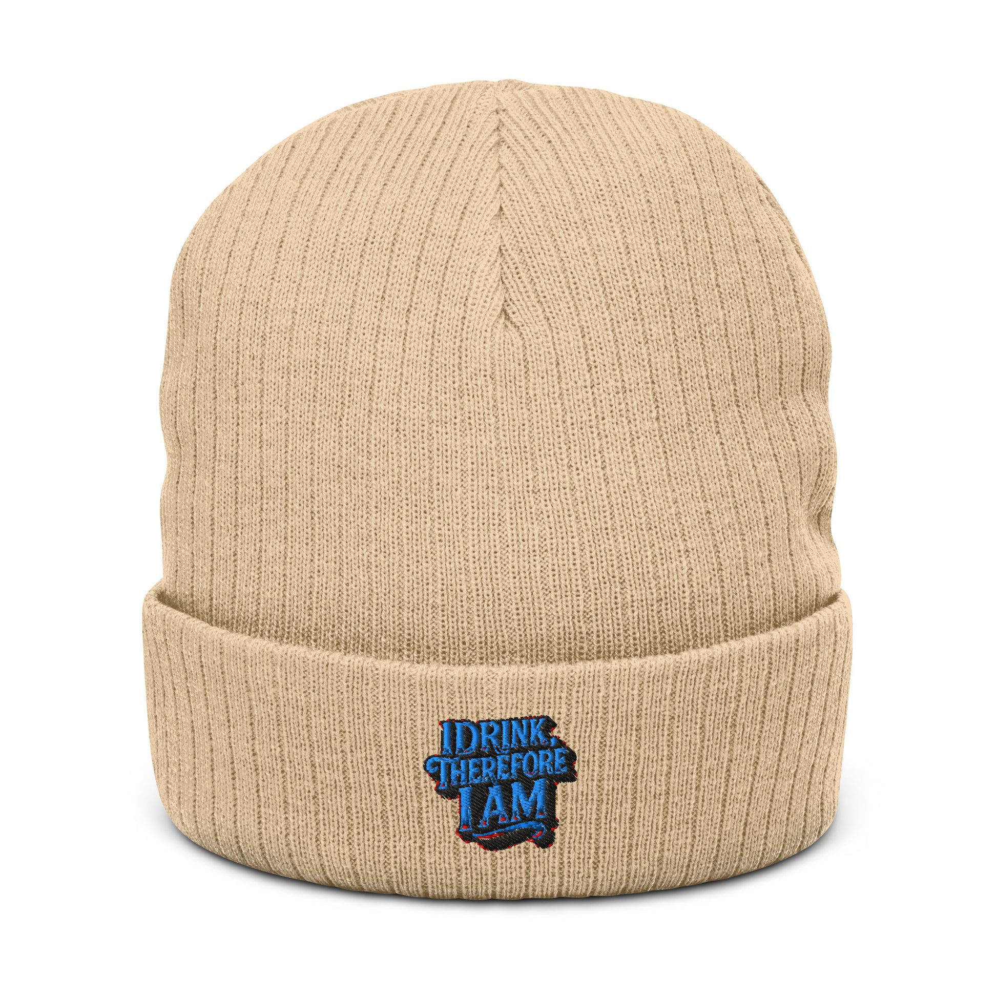 I Drink, Therefore I Am - Sarcastic Beanie | PureSarcasm in Knit Beanie Beige - Front View | Sarcastic Hats | PureSarcasm
