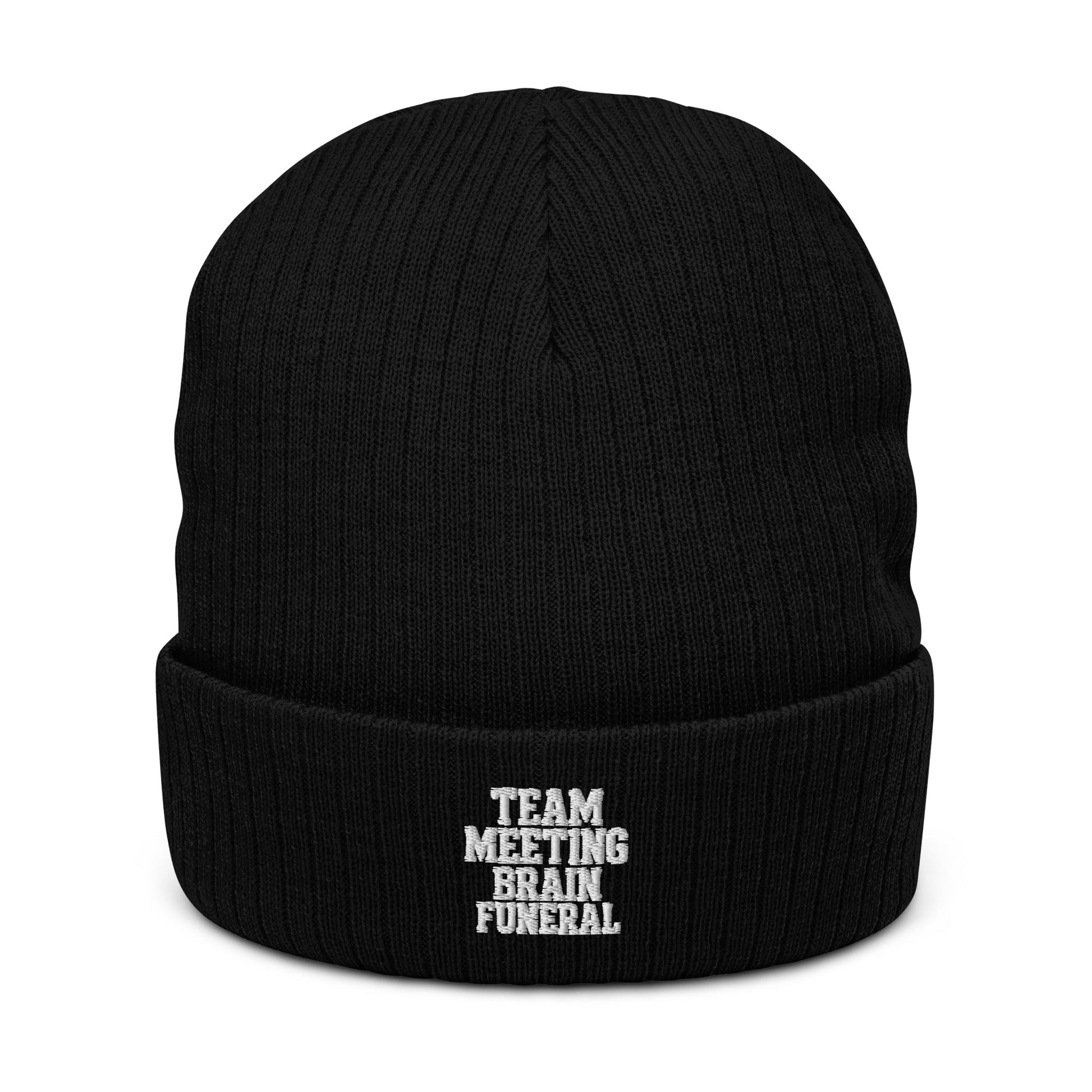 Team Meeting, Brain Funeral - Sarcastic Beanie | PureSarcasm in Knit Beanie Black - Front View | Sarcastic Hat | PureSarcasm