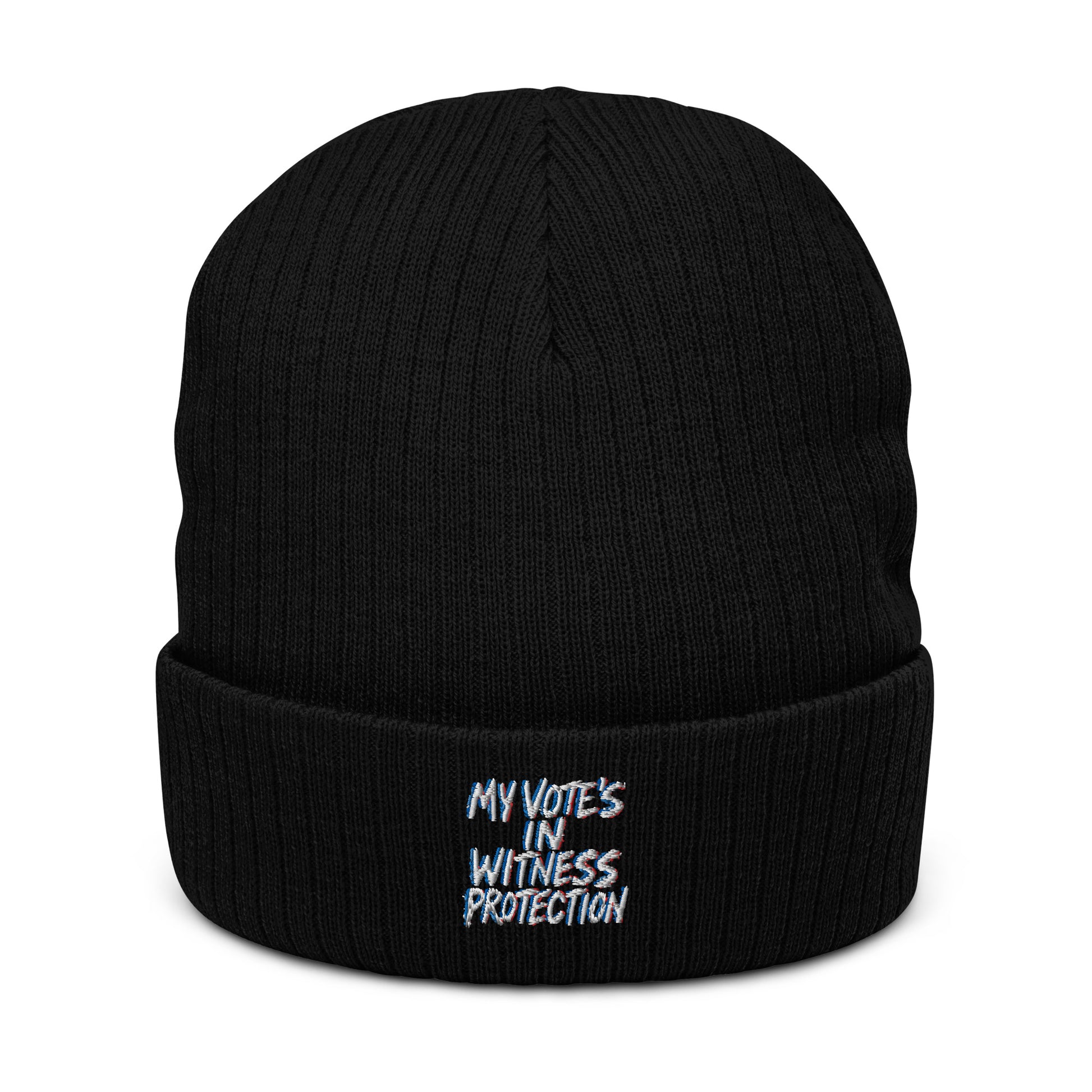 My Vote's in Witness Protection - Sarcastic Beanie | PureSarcasm in Knit Beanie Black - Front View | Sarcastic Hat | PureSarcasm