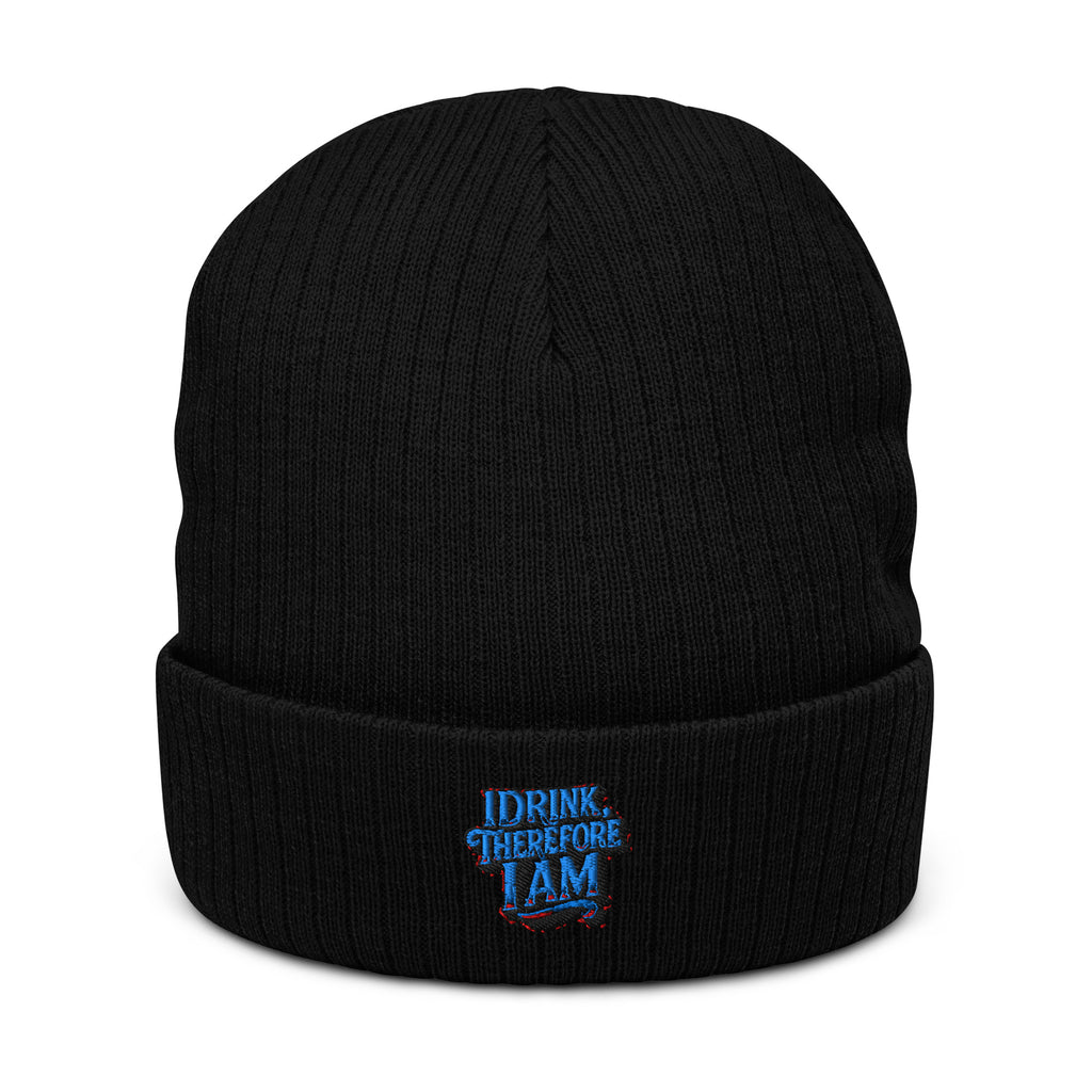 I Drink, Therefore I Am - Sarcastic Beanie | PureSarcasm in Knit Beanie Black - Front View | Sarcastic Hats | PureSarcasm