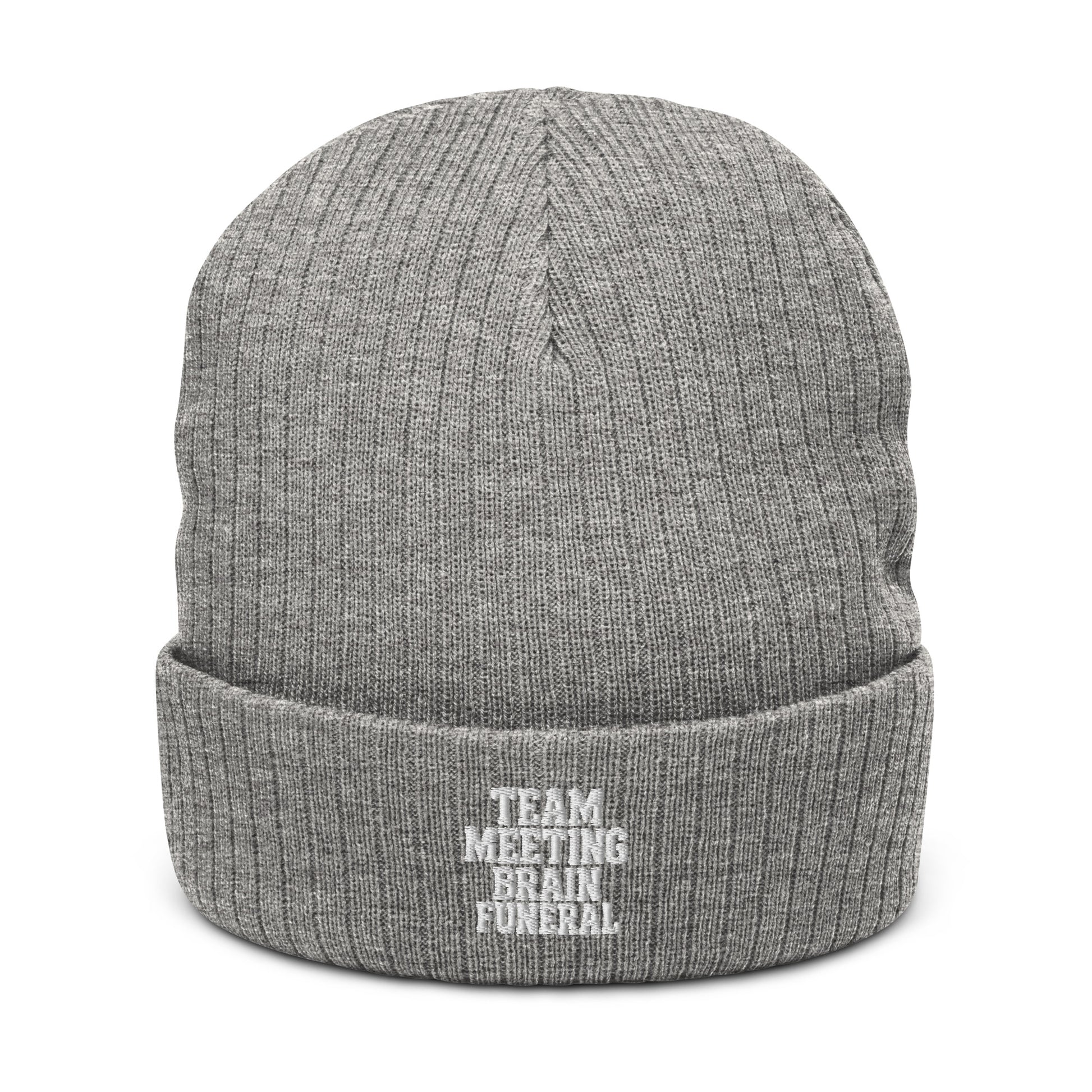 Team Meeting, Brain Funeral - Sarcastic Beanie | PureSarcasm in Light Grey Melange - Front View | Sarcastic Hat | PureSarcasm