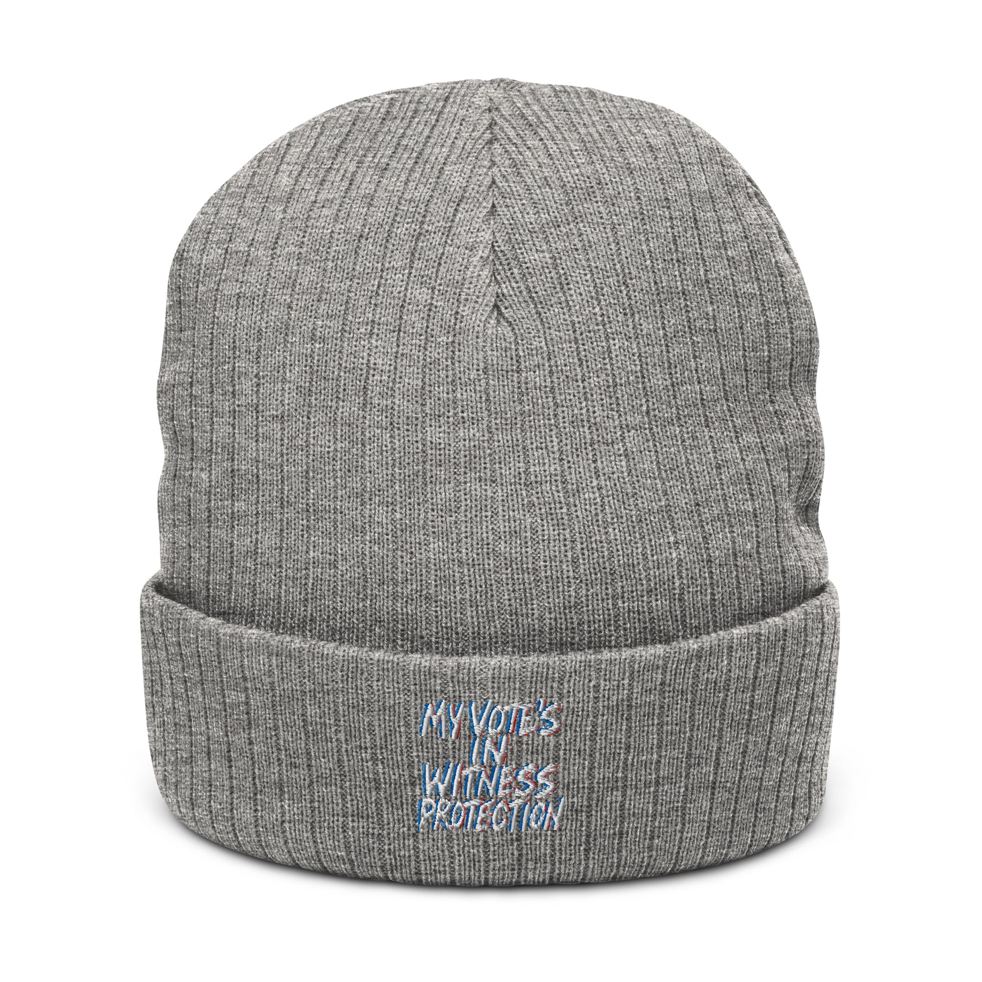 My Vote's in Witness Protection - Sarcastic Beanie | PureSarcasm in Light Grey Melange - Front View | Sarcastic Hat | PureSarcasm
