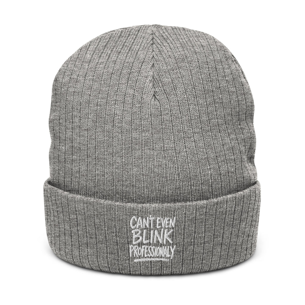 Can’t Even Blink Professionally - Sarcastic Beanie in Light Grey Melange - Front View | Sarcastic Beanie | PureSarcasm