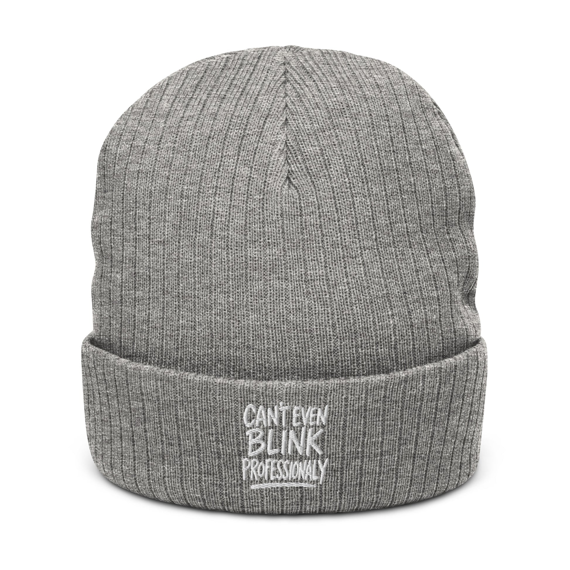 Can’t Even Blink Professionally - Sarcastic Beanie in Light Grey Melange - Front View | Sarcastic Beanie | PureSarcasm
