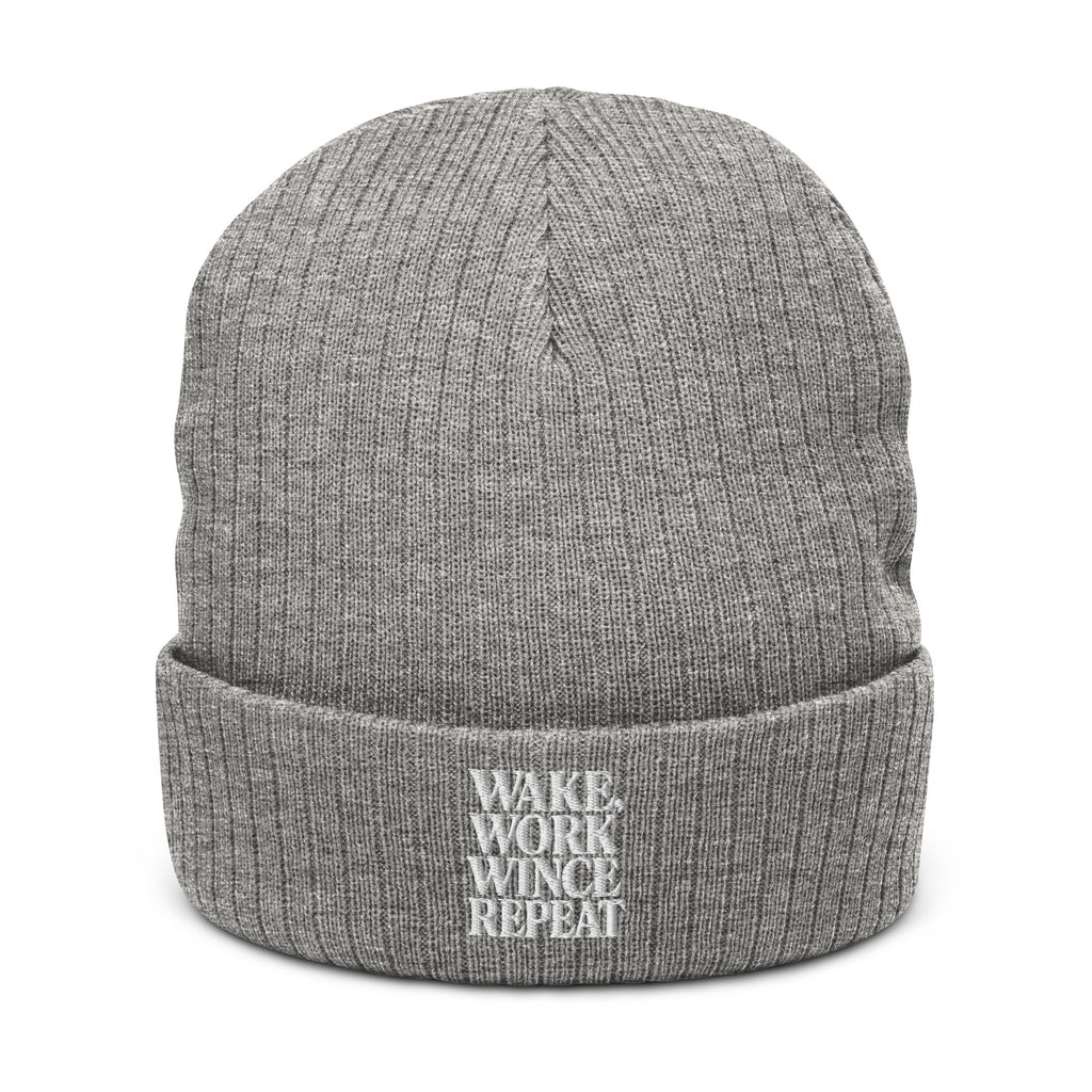 Wake, Work, Wince, Repeat - Sarcastic Beanie in Light Grey Melange - Front View | Sarcastic Beanie | PureSarcasm