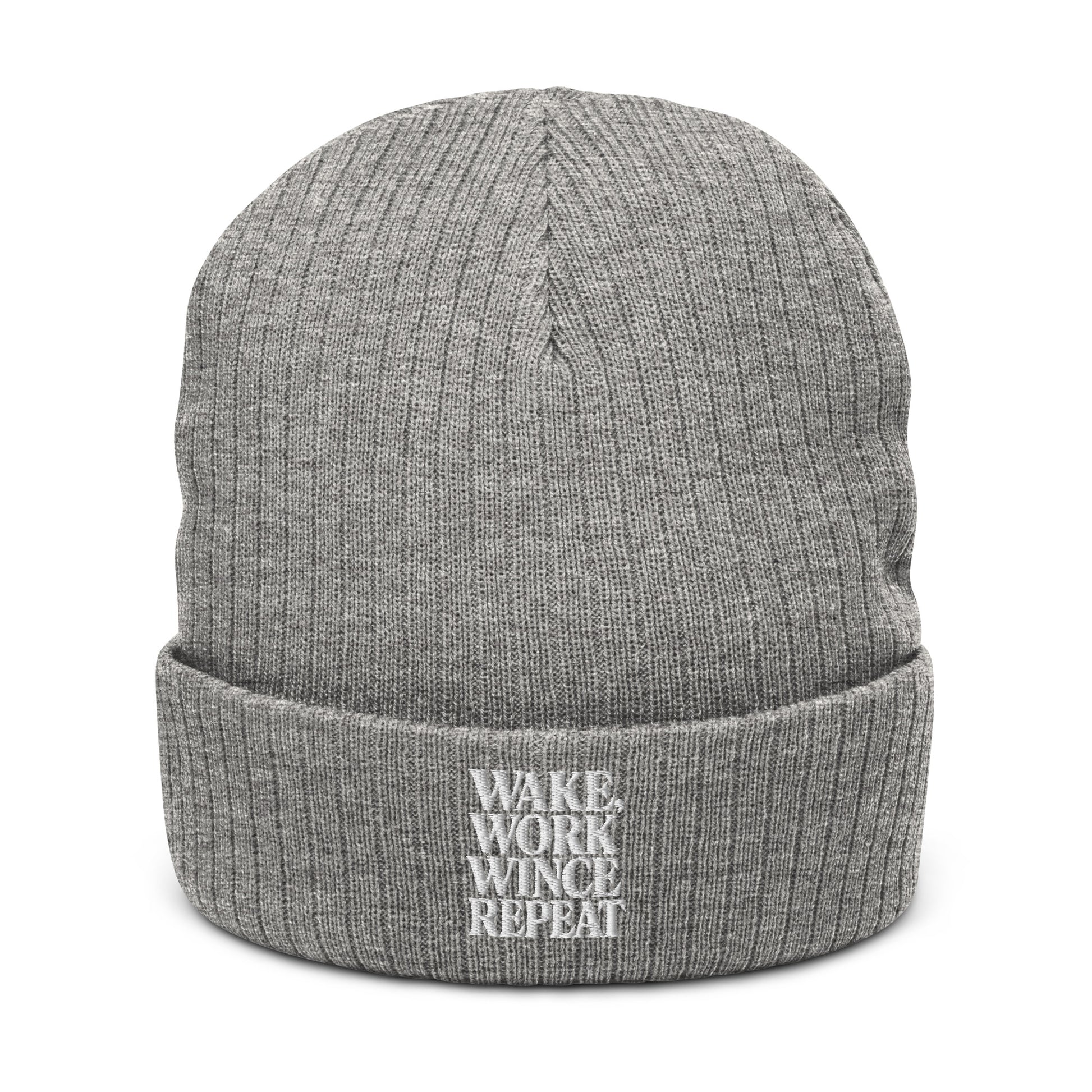Wake, Work, Wince, Repeat - Sarcastic Beanie in Light Grey Melange - Front View | Sarcastic Beanie | PureSarcasm