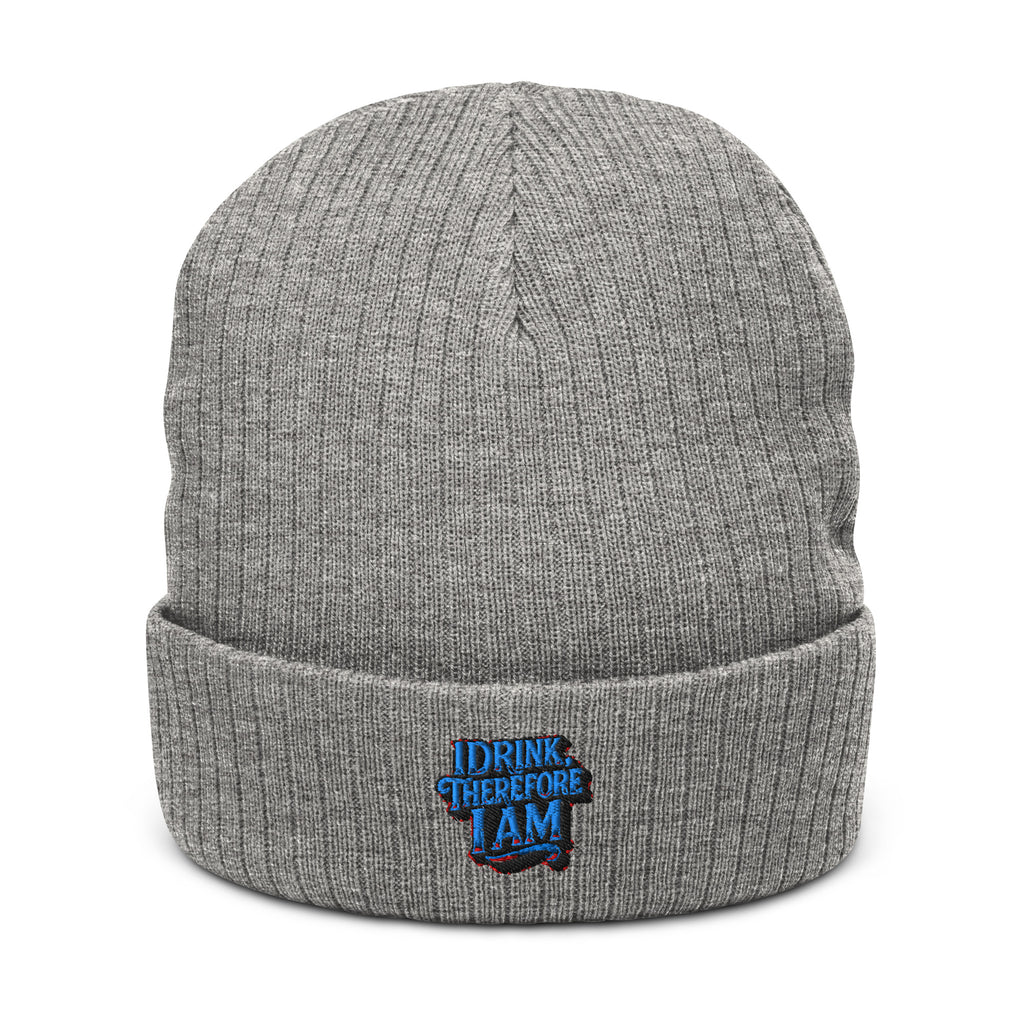 I Drink, Therefore I Am - Sarcastic Beanie | PureSarcasm in Light Grey Melange - Front View | Sarcastic Hats | PureSarcasm
