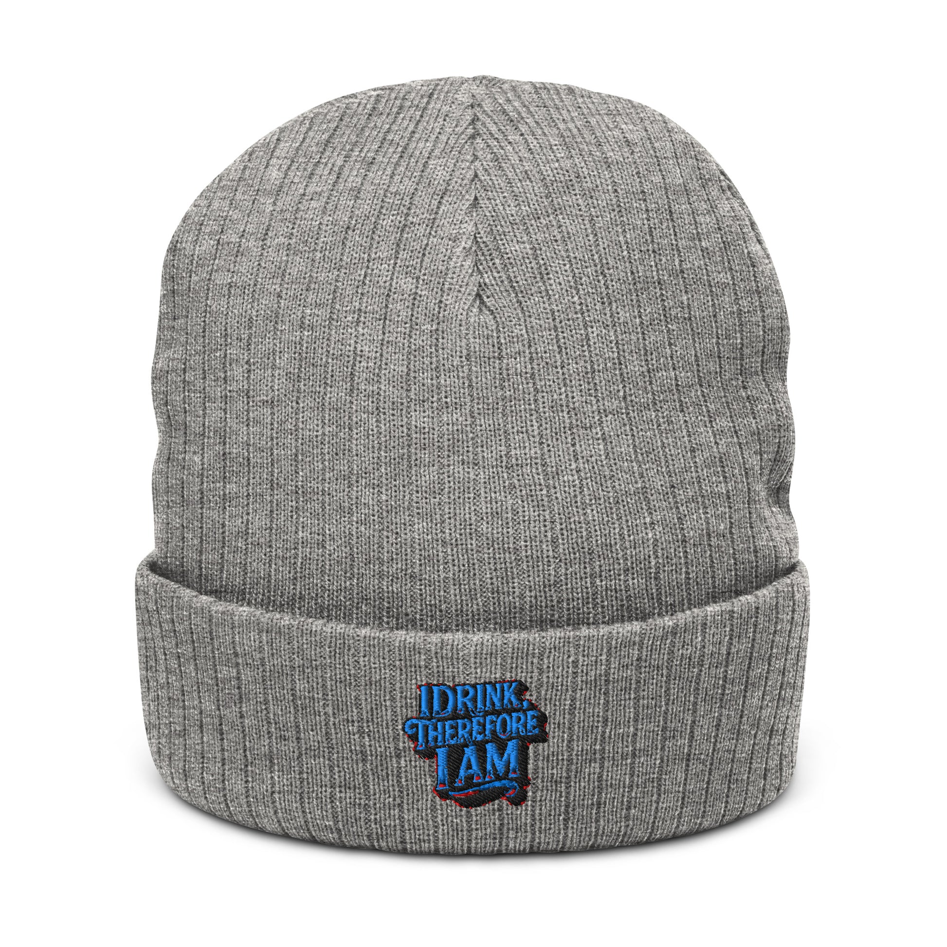 I Drink, Therefore I Am - Sarcastic Beanie | PureSarcasm in Light Grey Melange - Front View | Sarcastic Hats | PureSarcasm