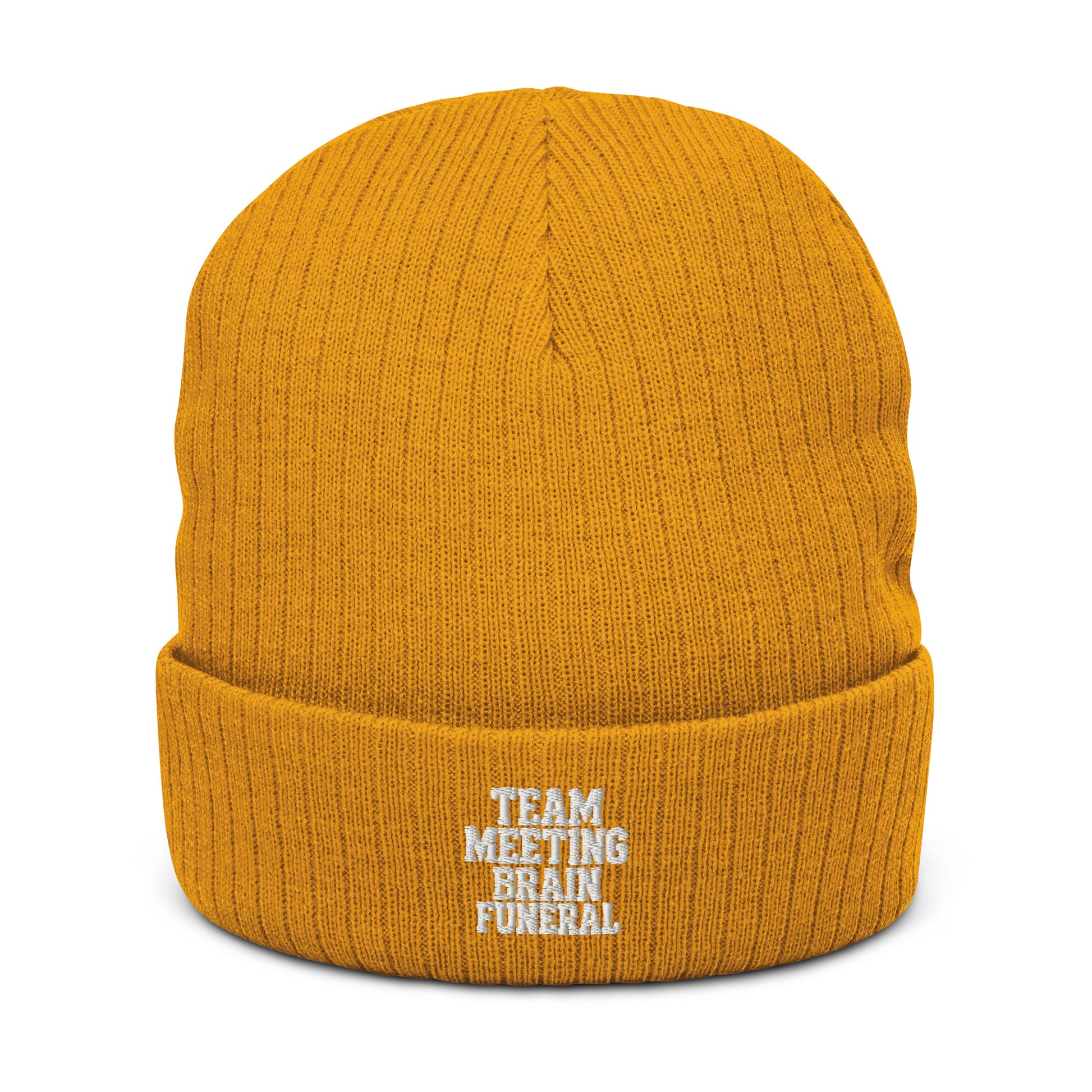 Team Meeting, Brain Funeral - Sarcastic Beanie | PureSarcasm in Knit Beanie Mustard - Front View | Sarcastic Hat | PureSarcasm