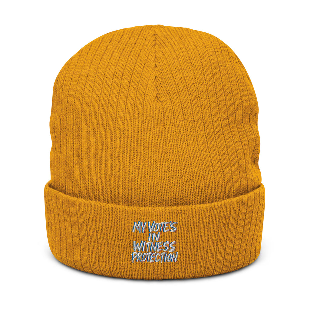 PureSarcasm sarcastic beanie - witness protection - sarcastic | puresarcasm in knit mustard, front view