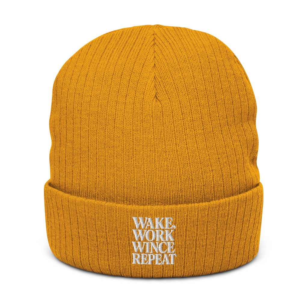 Wake, Work, Wince, Repeat - Sarcastic Beanie in Knit Beanie Mustard - Front View | Sarcastic Beanie | PureSarcasm