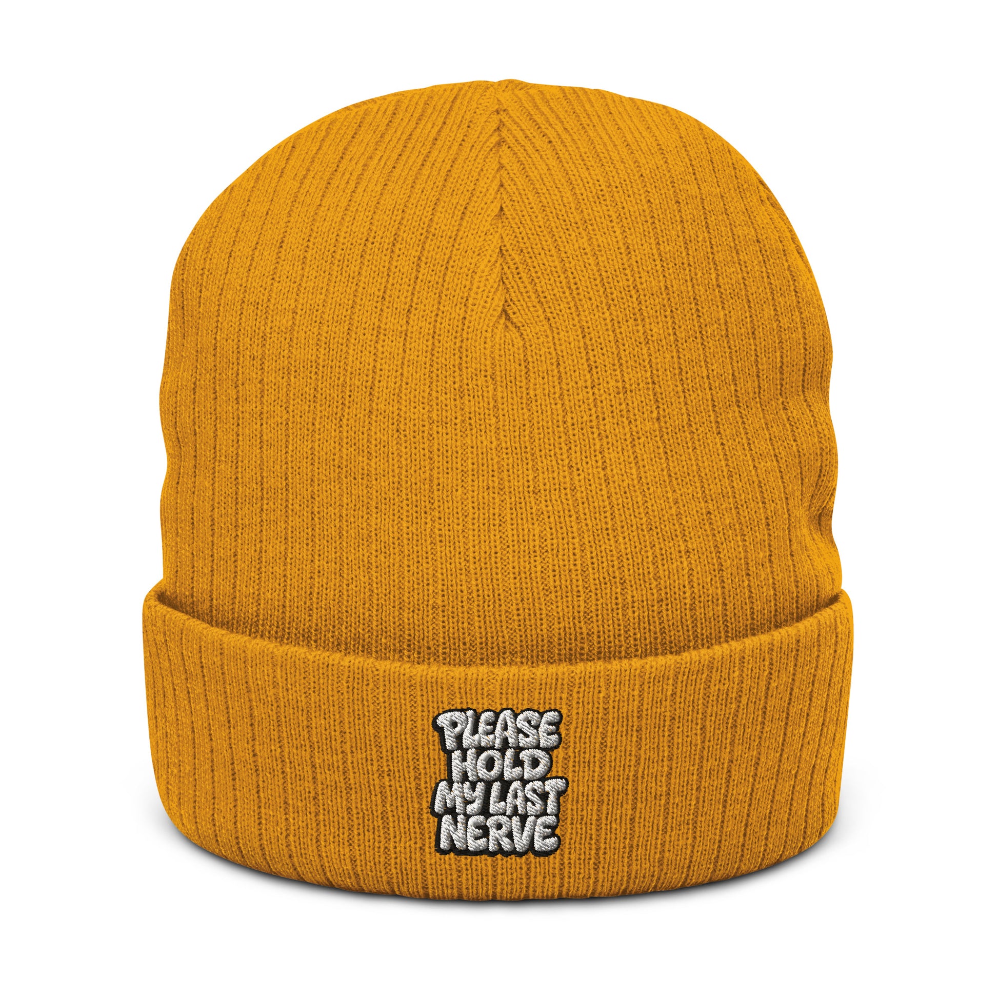 Please Hold My Last Nerve - Sarcastic Beanie in Knit Beanie Mustard - Front View | Sarcastic Beanie | PureSarcasm