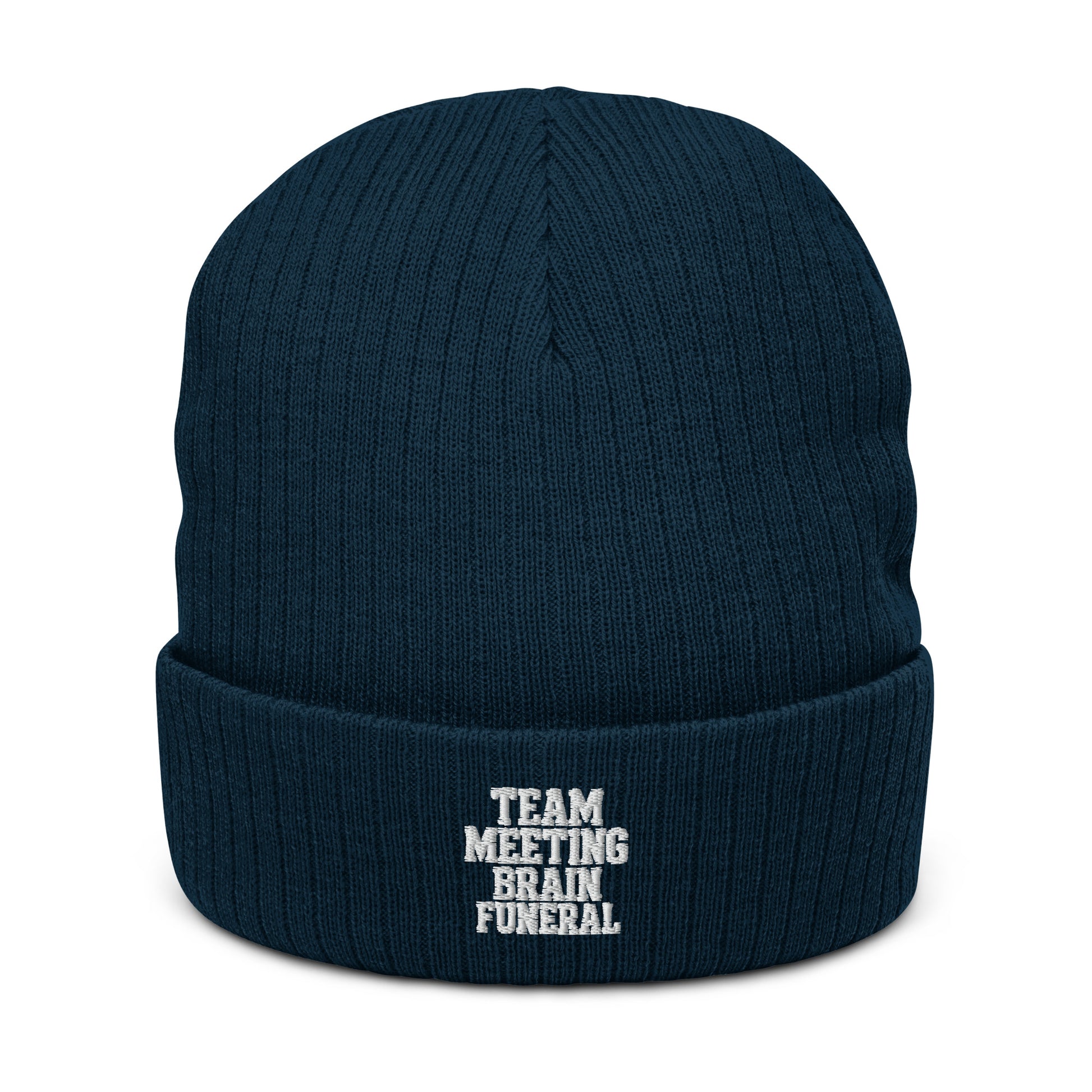 Team Meeting, Brain Funeral - Sarcastic Beanie | PureSarcasm in Knit Beanie Navy - Front View | Sarcastic Hat | PureSarcasm