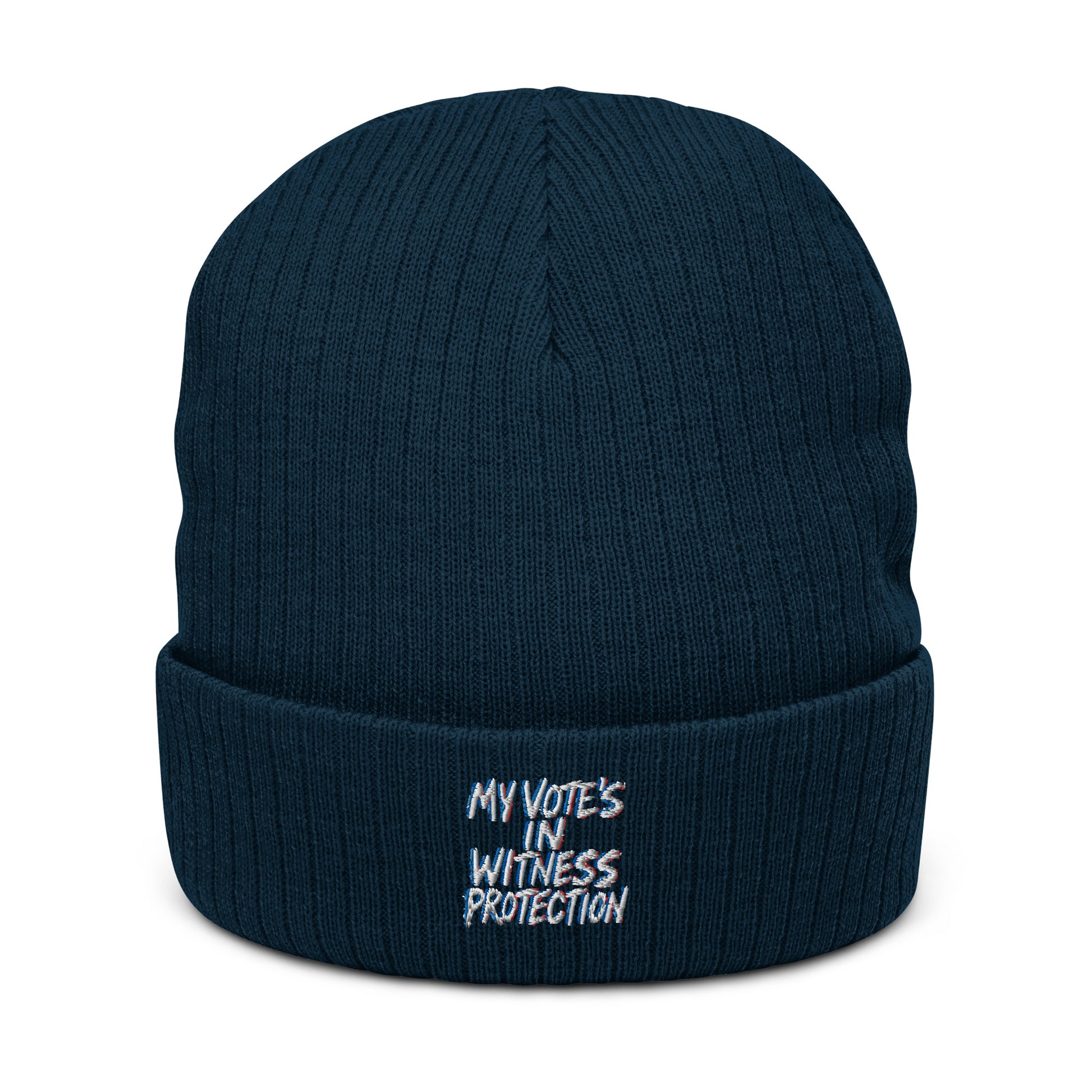 My Vote's in Witness Protection - Sarcastic Beanie | PureSarcasm in Knit Beanie Navy - Front View | Sarcastic Hat | PureSarcasm