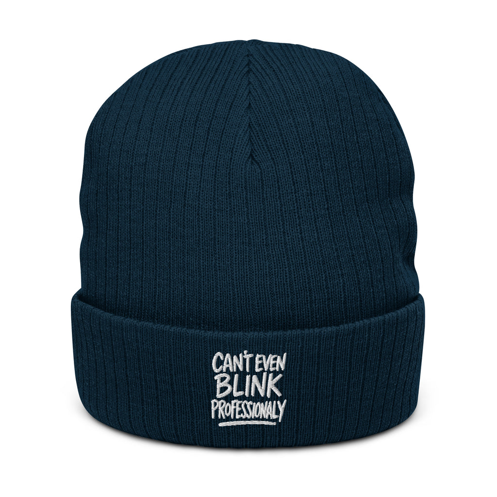 Can’t Even Blink Professionally - Sarcastic Beanie in Knit Beanie Navy - Front View | Sarcastic Beanie | PureSarcasm