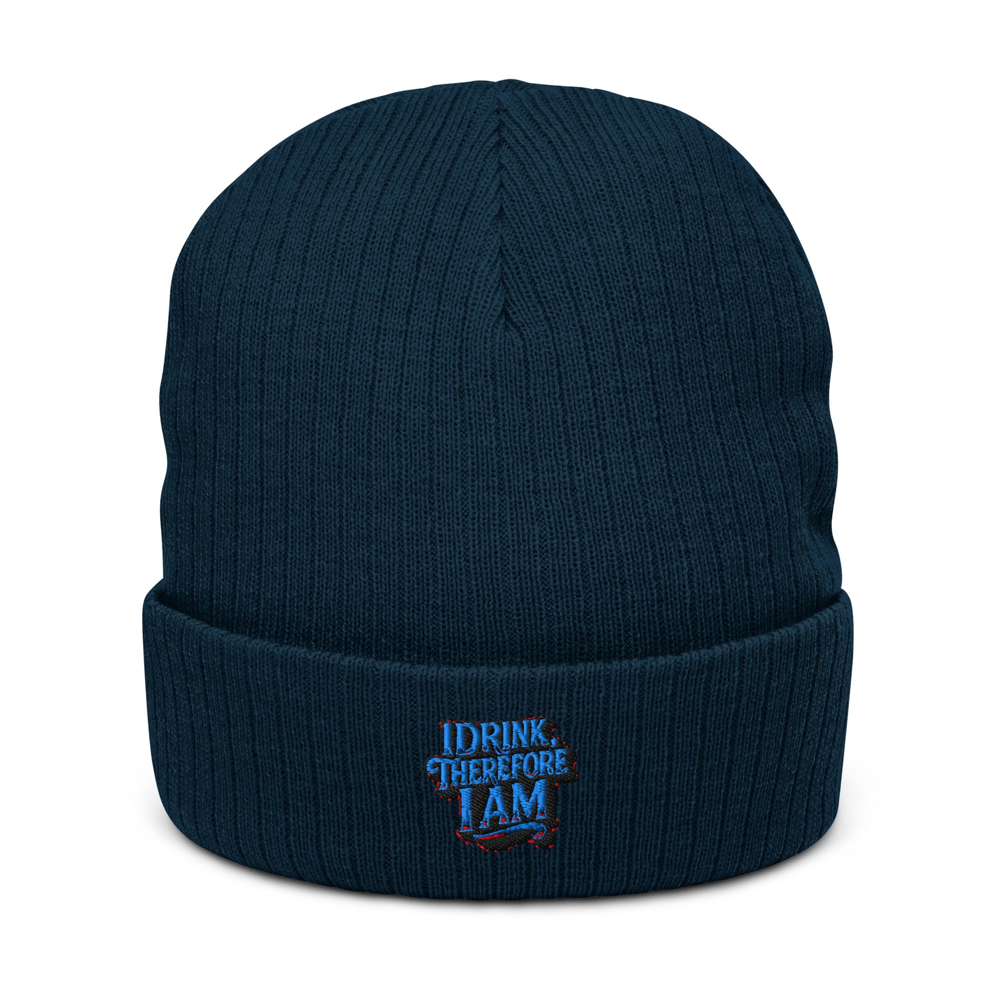 I Drink, Therefore I Am - Sarcastic Beanie | PureSarcasm in Knit Beanie Navy - Front View | Sarcastic Hats | PureSarcasm