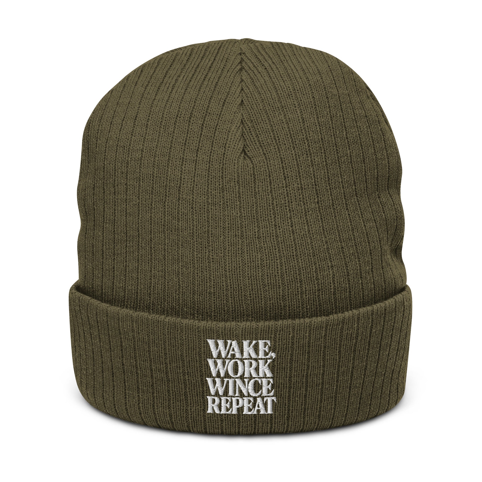 Wake, Work, Wince, Repeat - Sarcastic Beanie in Knit Beanie Olive - Front View | Sarcastic Beanie | PureSarcasm