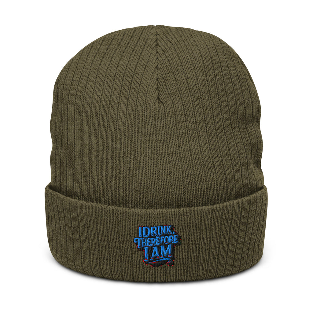 I Drink, Therefore I Am - Sarcastic Beanie | PureSarcasm in Knit Beanie Olive - Front View | Sarcastic Hats | PureSarcasm
